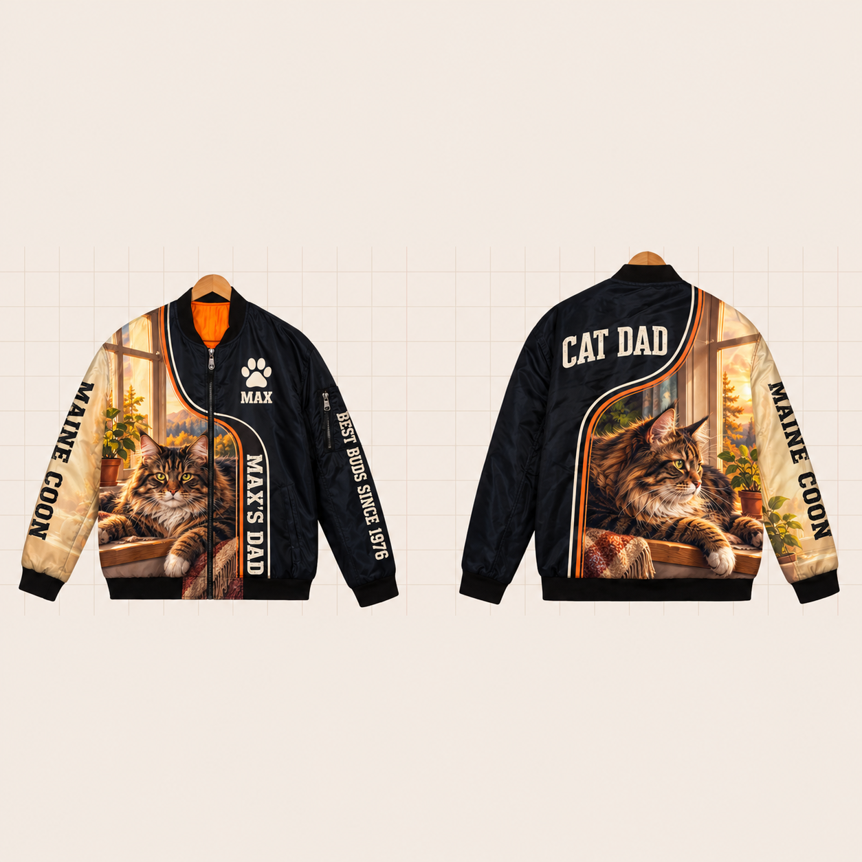 All-Over Print Bomber Jacket personalized with "Maine Coon Dad" and paw print artwork on the back