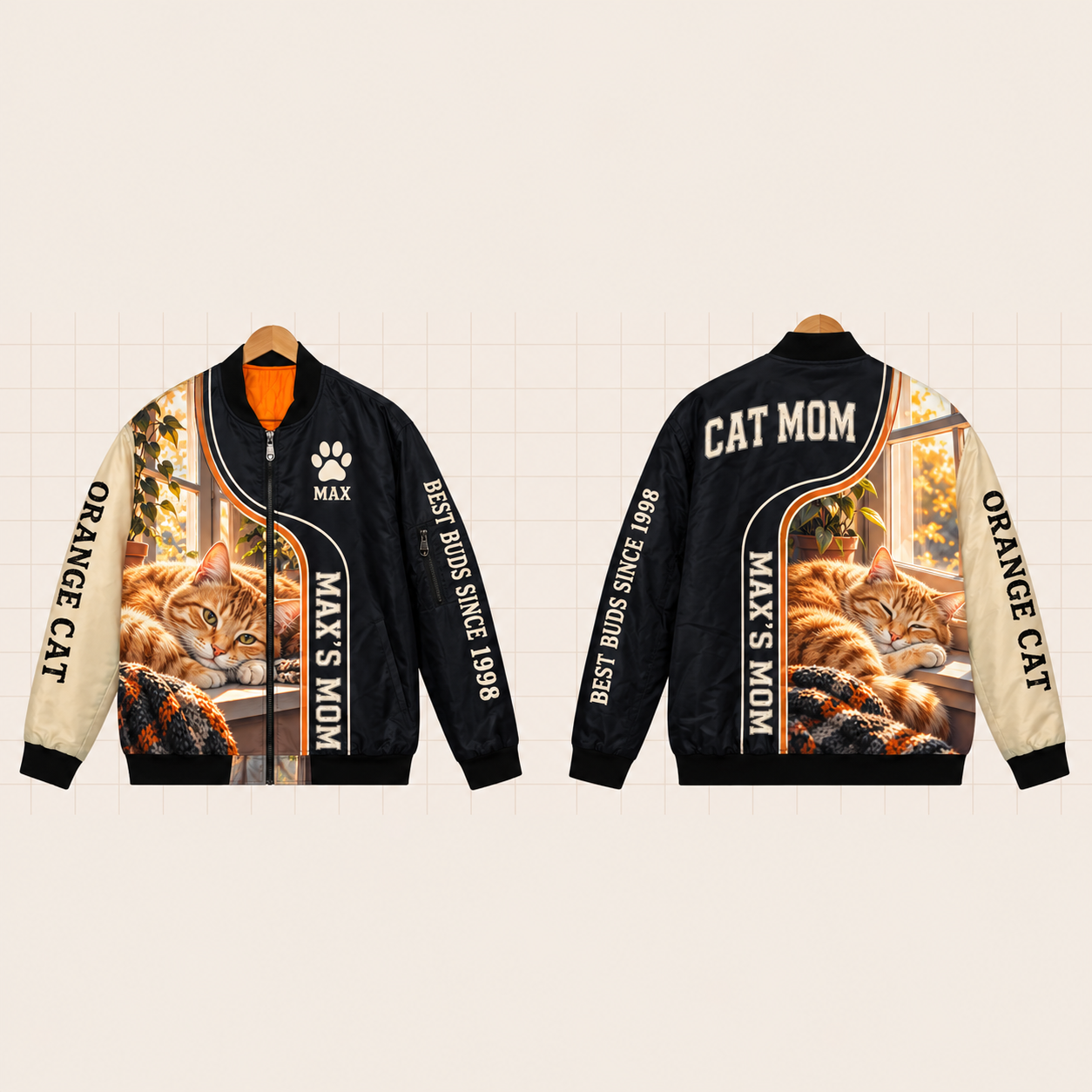 All-Over Print Bomber Jacket personalized with "Orange Cat Mom" and paw print artwork on the back