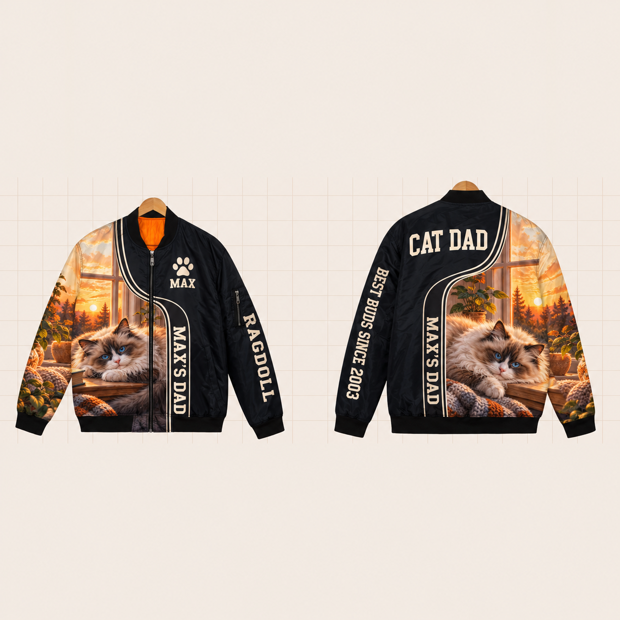 All-Over Print Bomber Jacket personalized with "Ragdoll Dad" and paw print artwork on the back