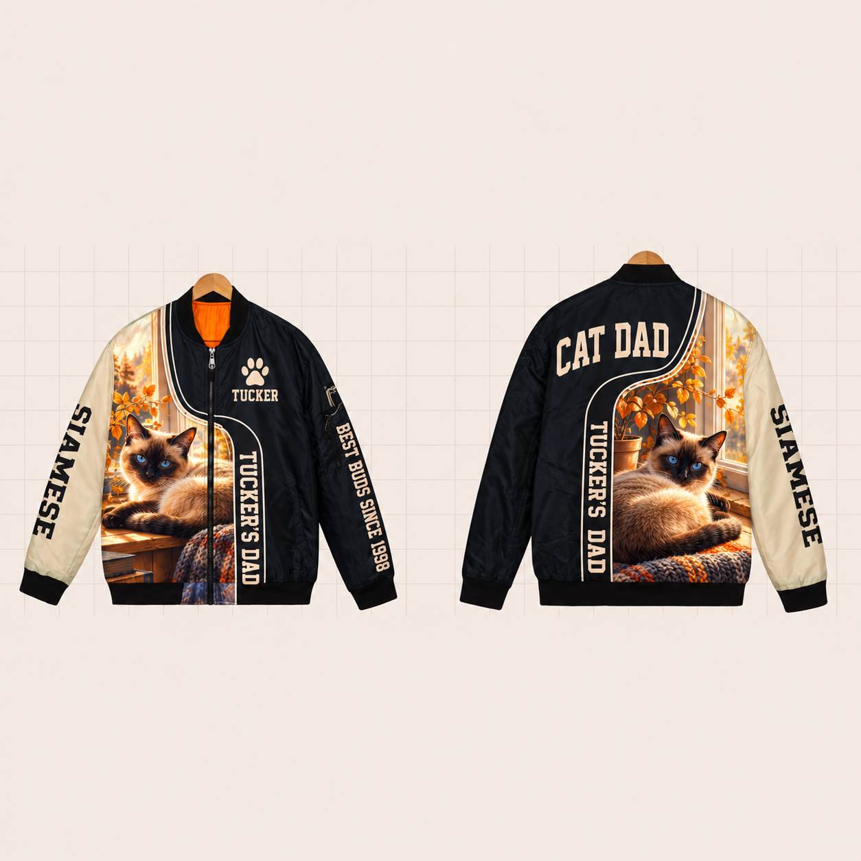 All-Over Print Bomber Jacket personalized with "Siamese Dad" and paw print artwork on the back