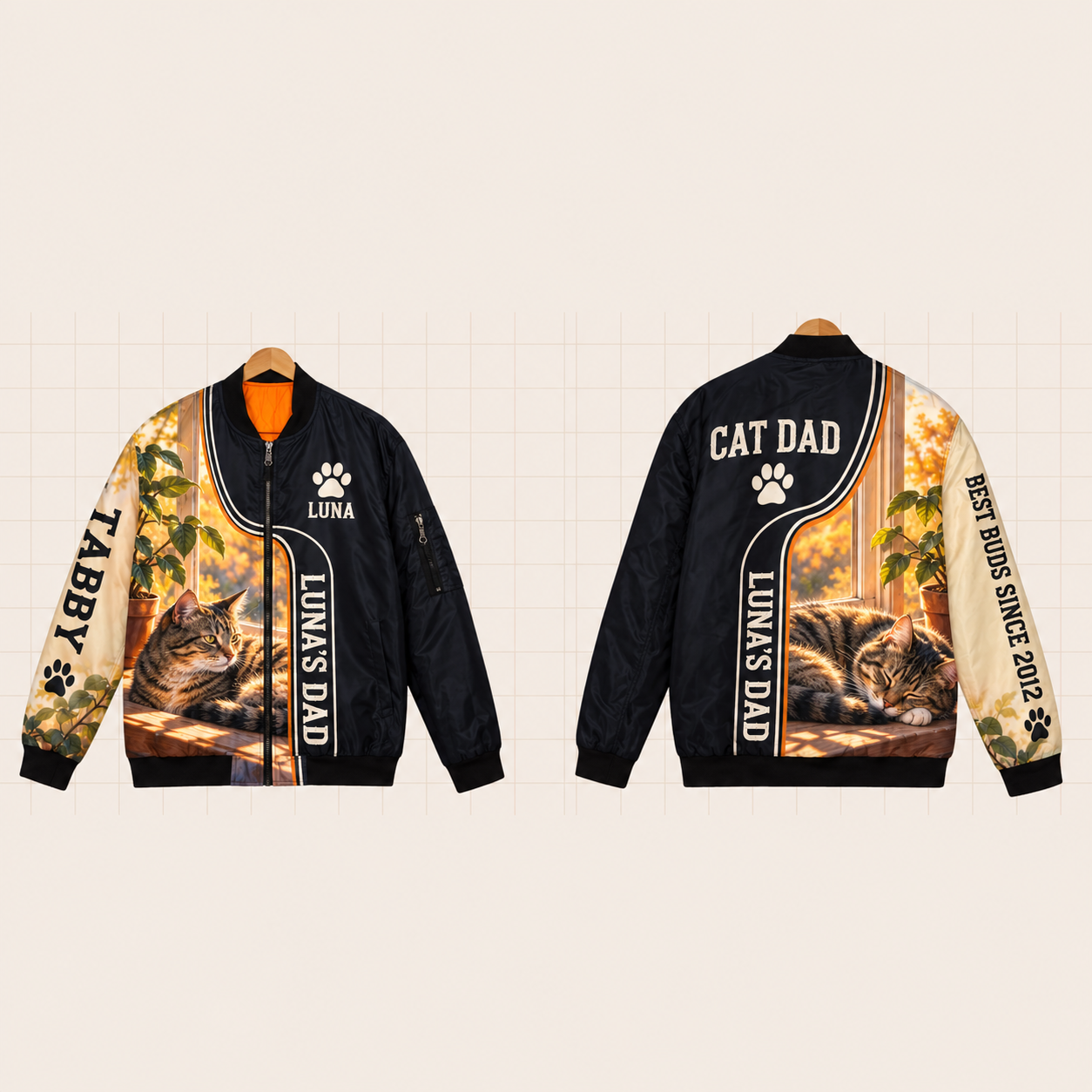 All-Over Print Bomber Jacket personalized with "Tabby Dad" and paw print artwork on the back