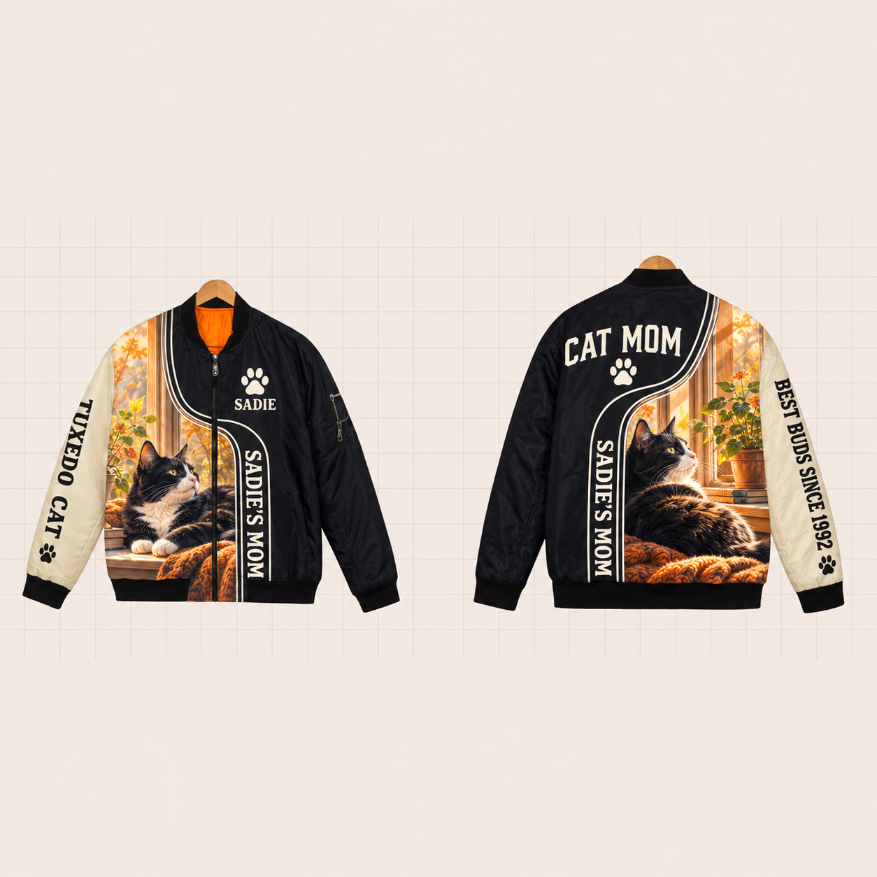 All-Over Print Bomber Jacket personalized with "Tuxedo Cat Mom" and paw print artwork on the back