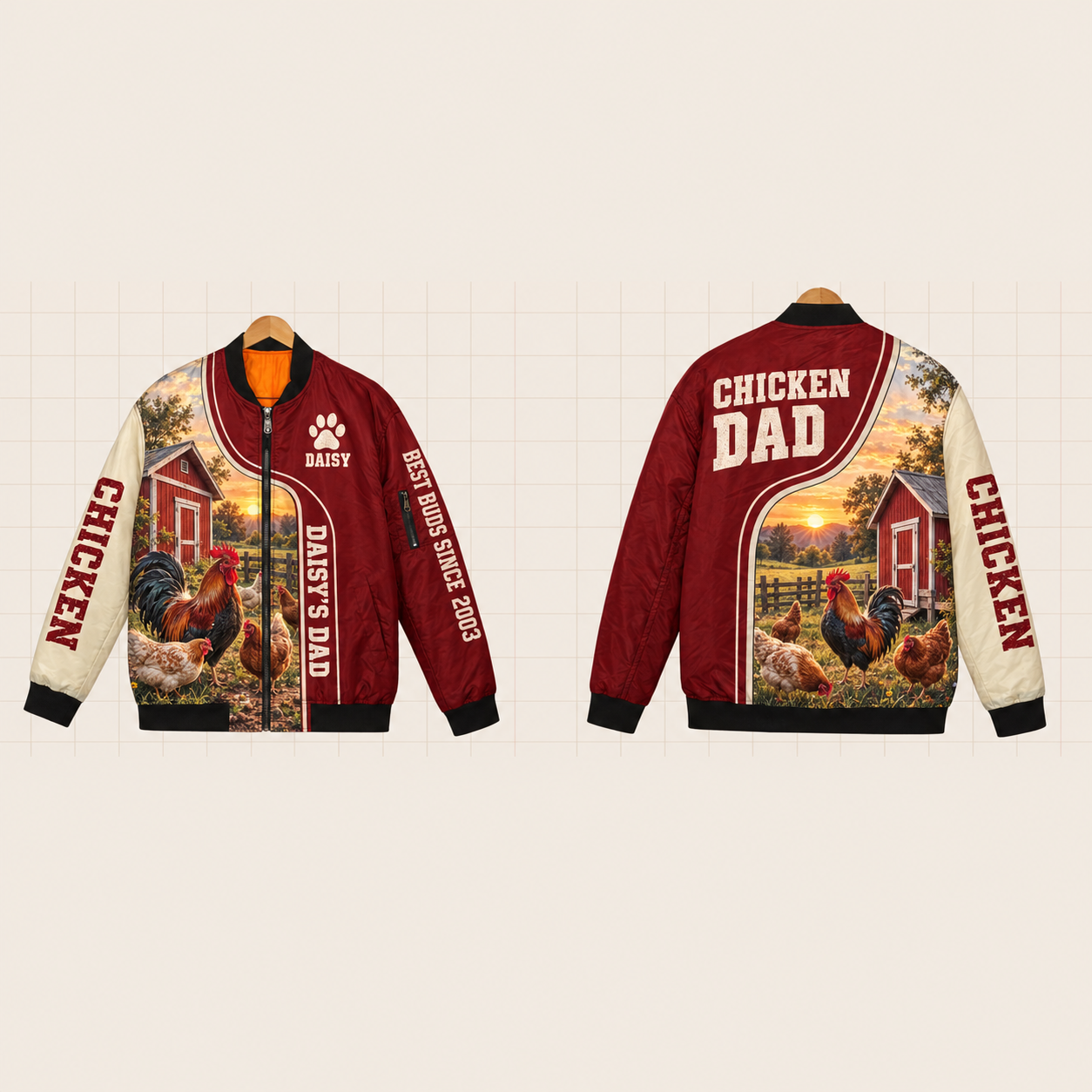 All-Over Print Bomber Jacket personalized with "Chicken Dad" and egg artwork on the back