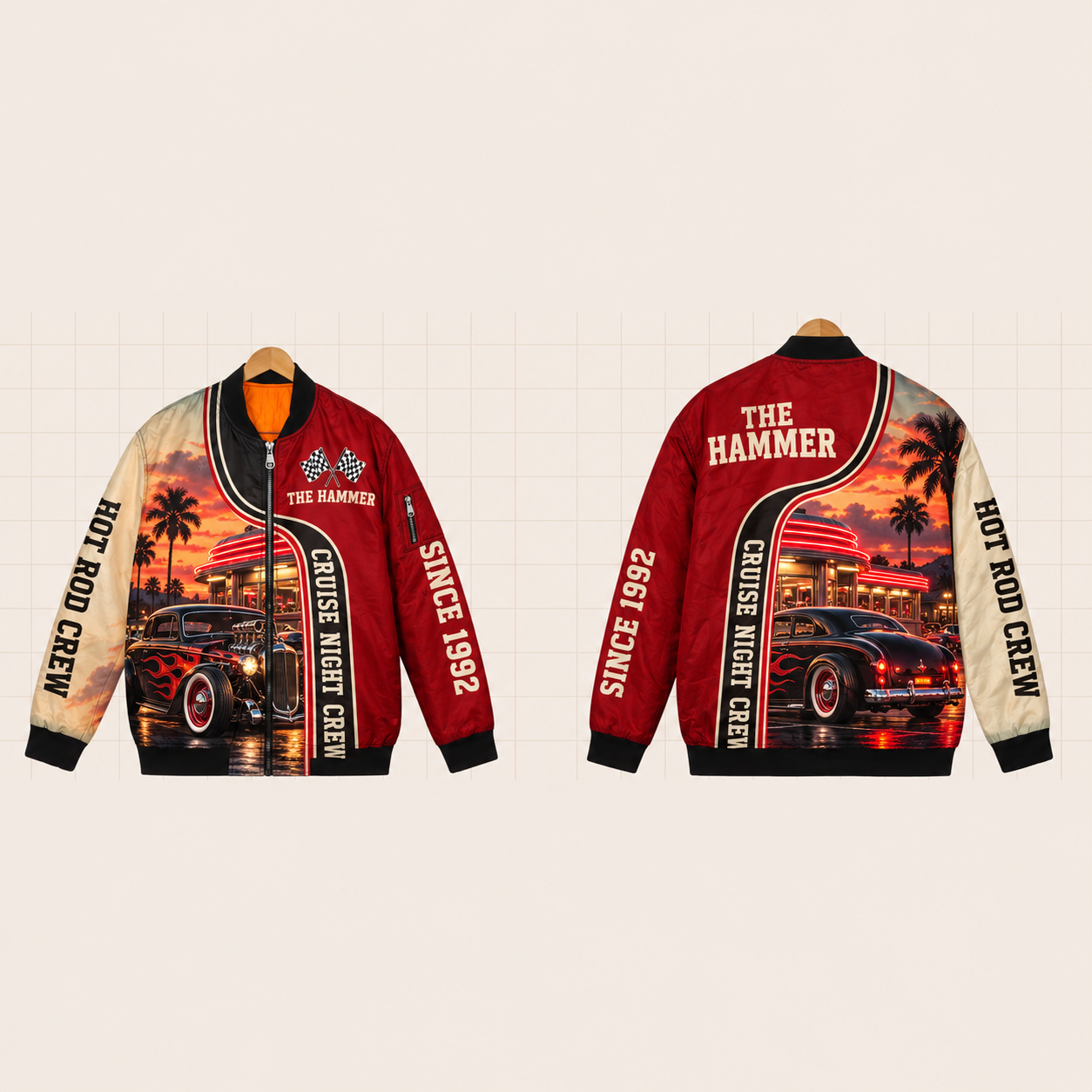 All-Over Print Bomber Jacket personalized with "Cruise Night Crew Hot Rod" and checkered flag artwork on the back