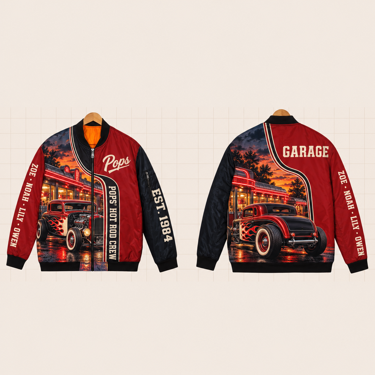 All-Over Print Bomber Jacket personalized with "Pops' Hot Rod Crew" and checkered flag artwork on the back