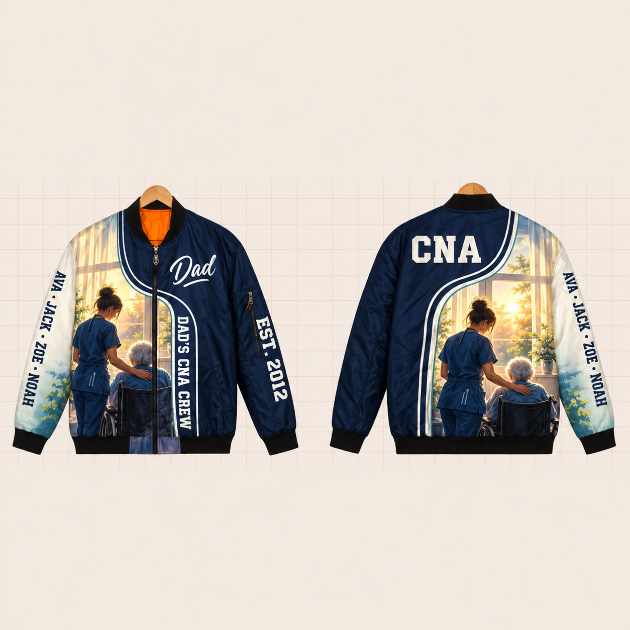 All-Over Print Bomber Jacket personalized with "Dad's CNA Crew" and microscope artwork on the back