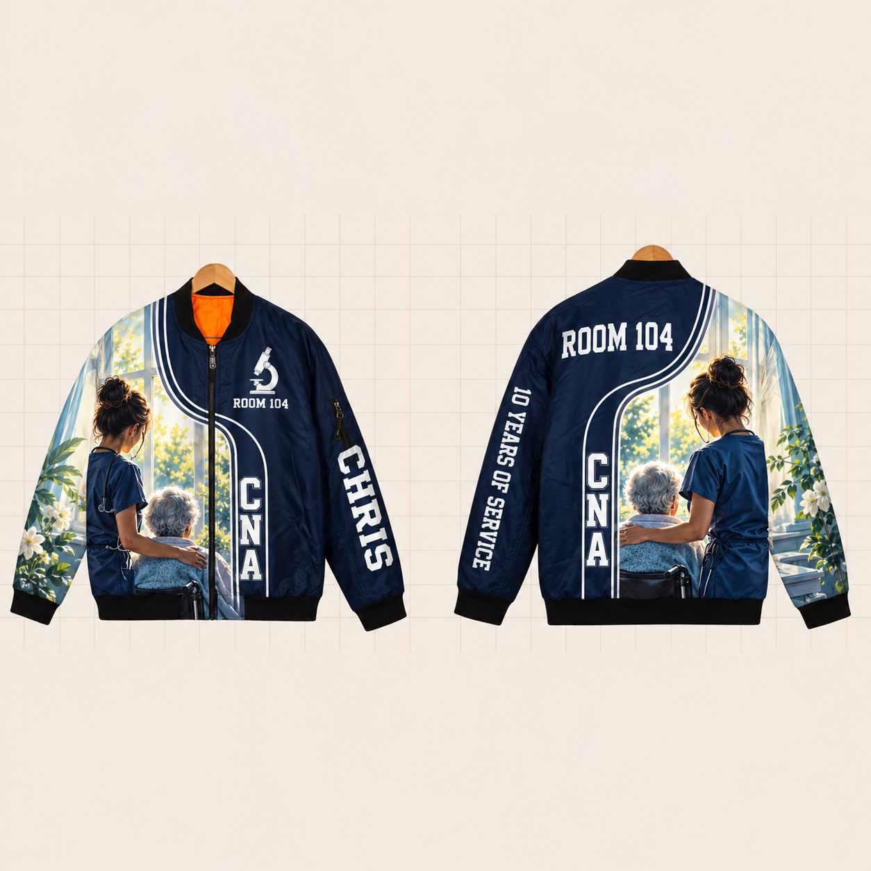 All-Over Print Bomber Jacket personalized with "CNA Room 104 10 Years" and microscope artwork on the back