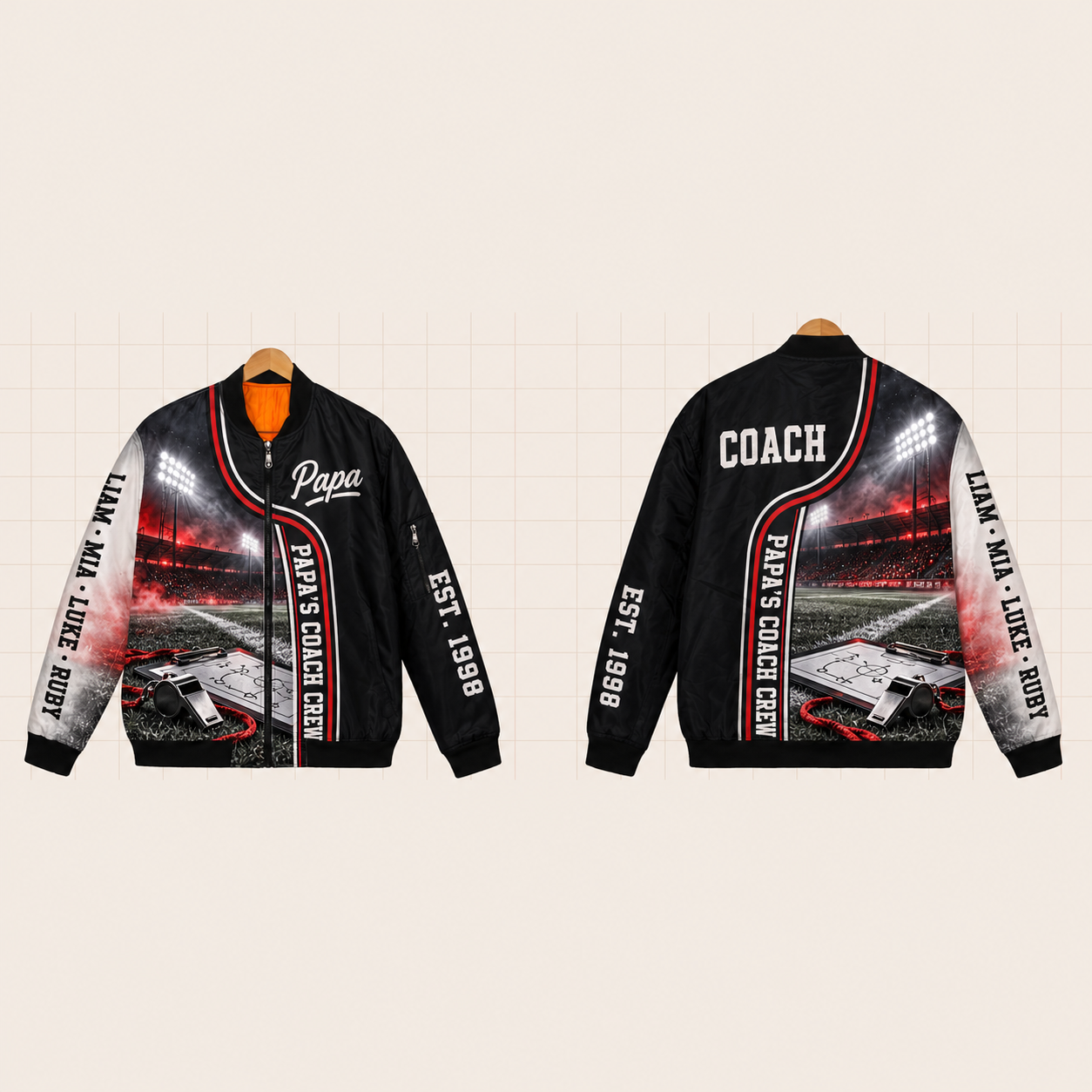 All-Over Print Bomber Jacket personalized with "Papa's Coach Crew" and clipboard artwork on the back
