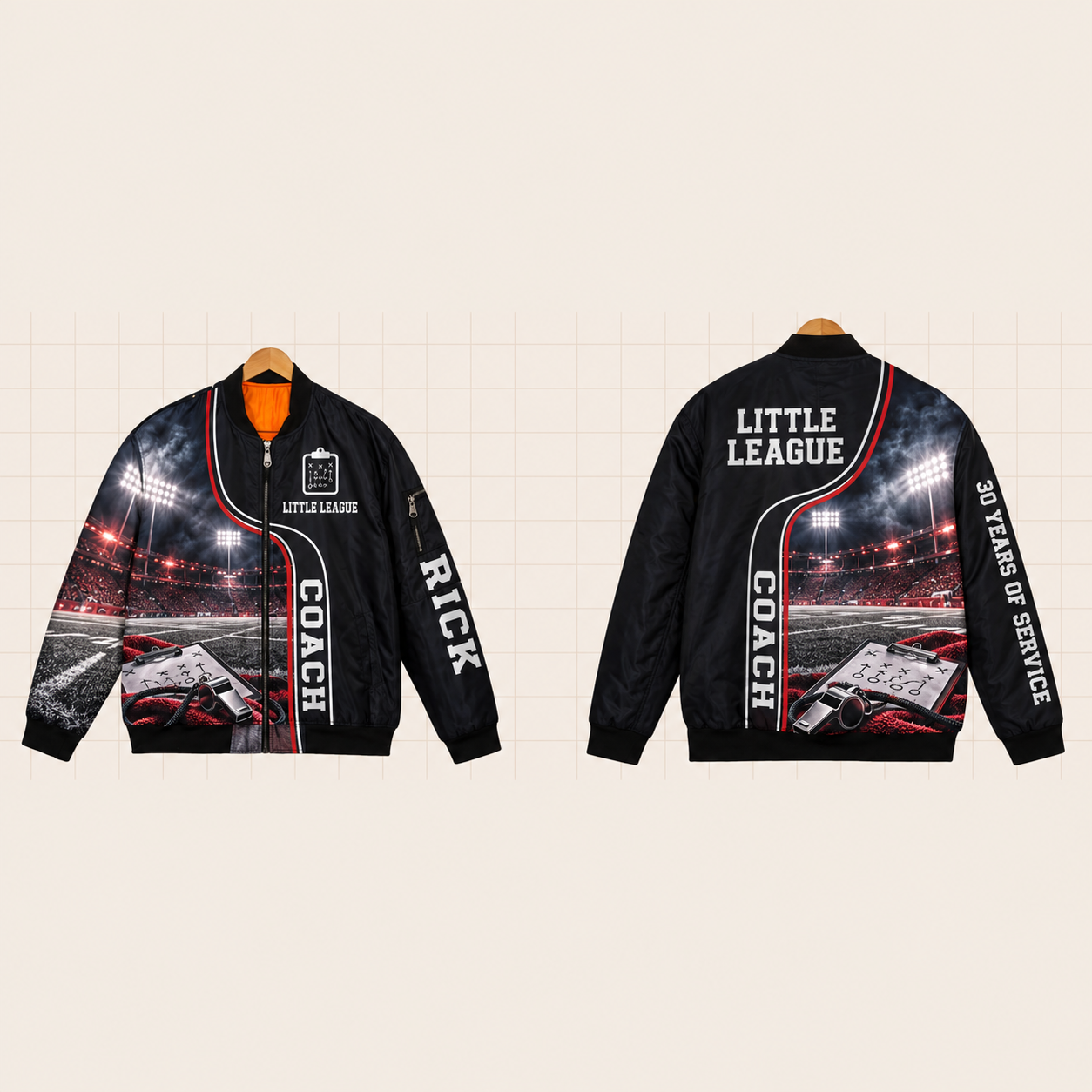 All-Over Print Bomber Jacket personalized with "Coach Little League 30 Years" and clipboard artwork on the back