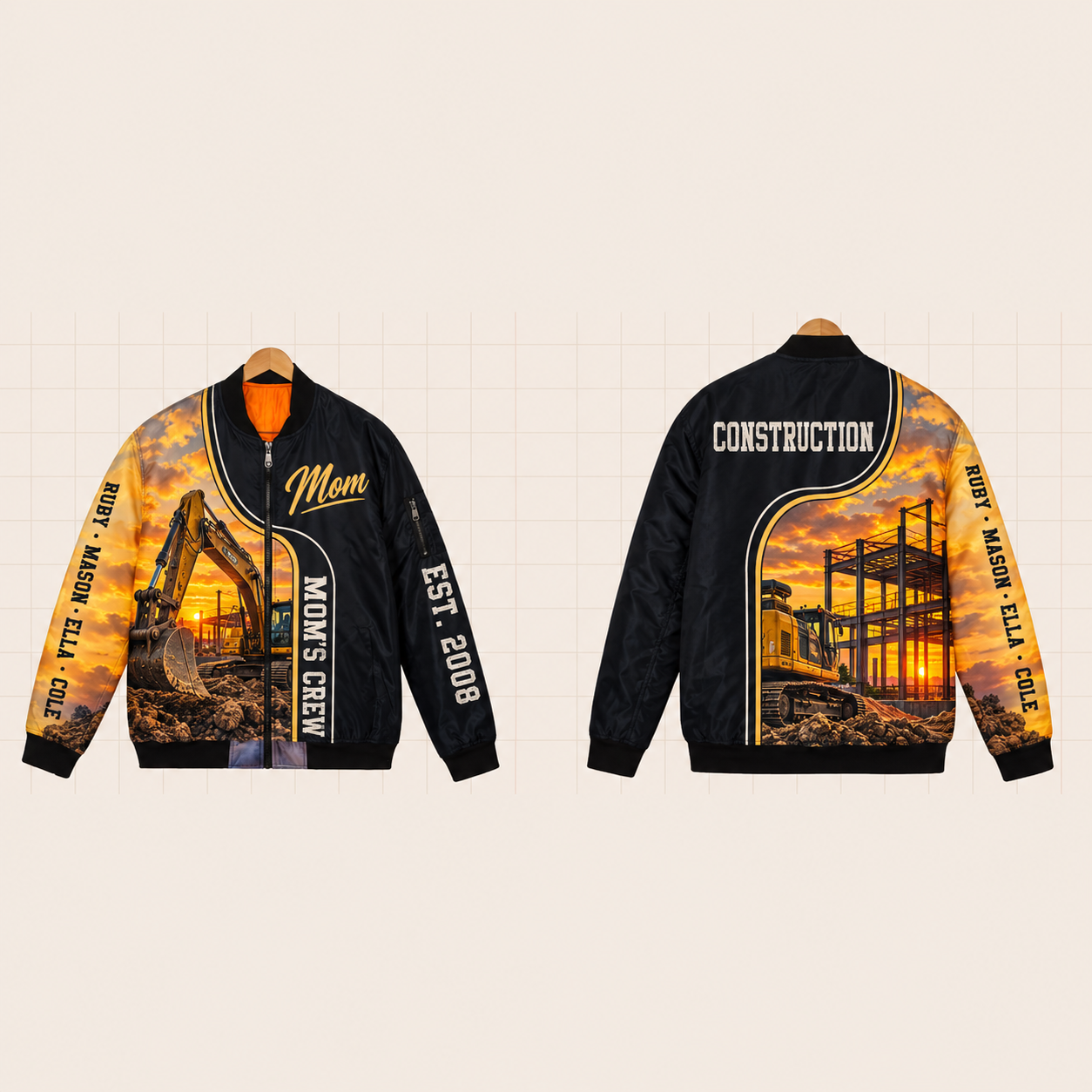 All-Over Print Bomber Jacket personalized with "Mom's Construction Crew" and excavator artwork on the back