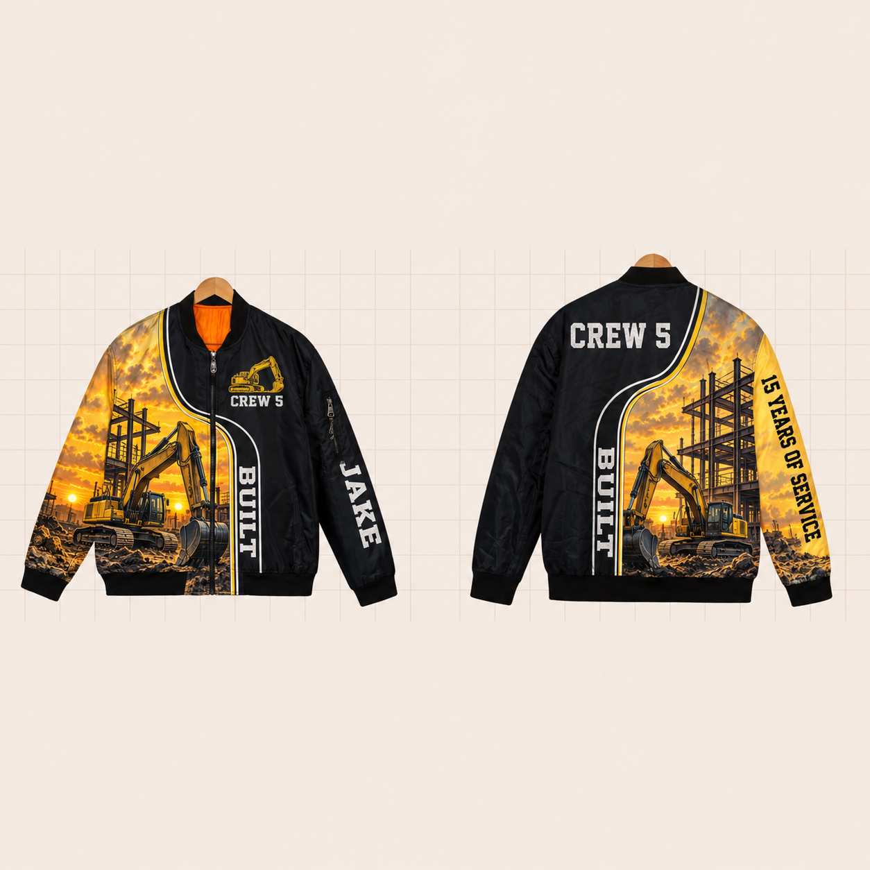 All-Over Print Bomber Jacket personalized with "Construction Crew 5 15 Years" and excavator artwork on the back