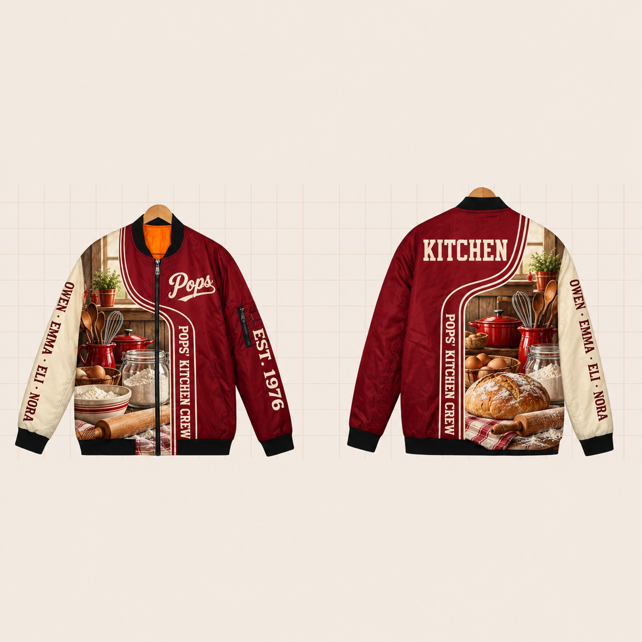 All-Over Print Bomber Jacket personalized with "Pops' Kitchen Crew" and chef hat artwork on the back