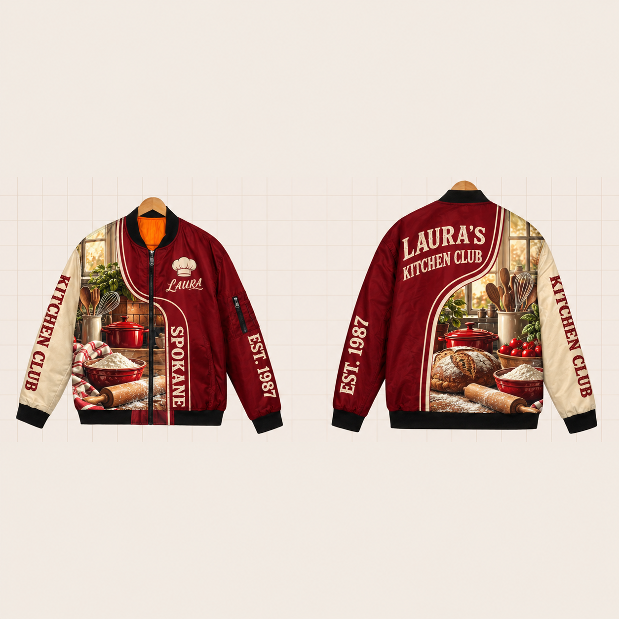 All-Over Print Bomber Jacket personalized with "Spokane Kitchen Club" and chef hat artwork on the back
