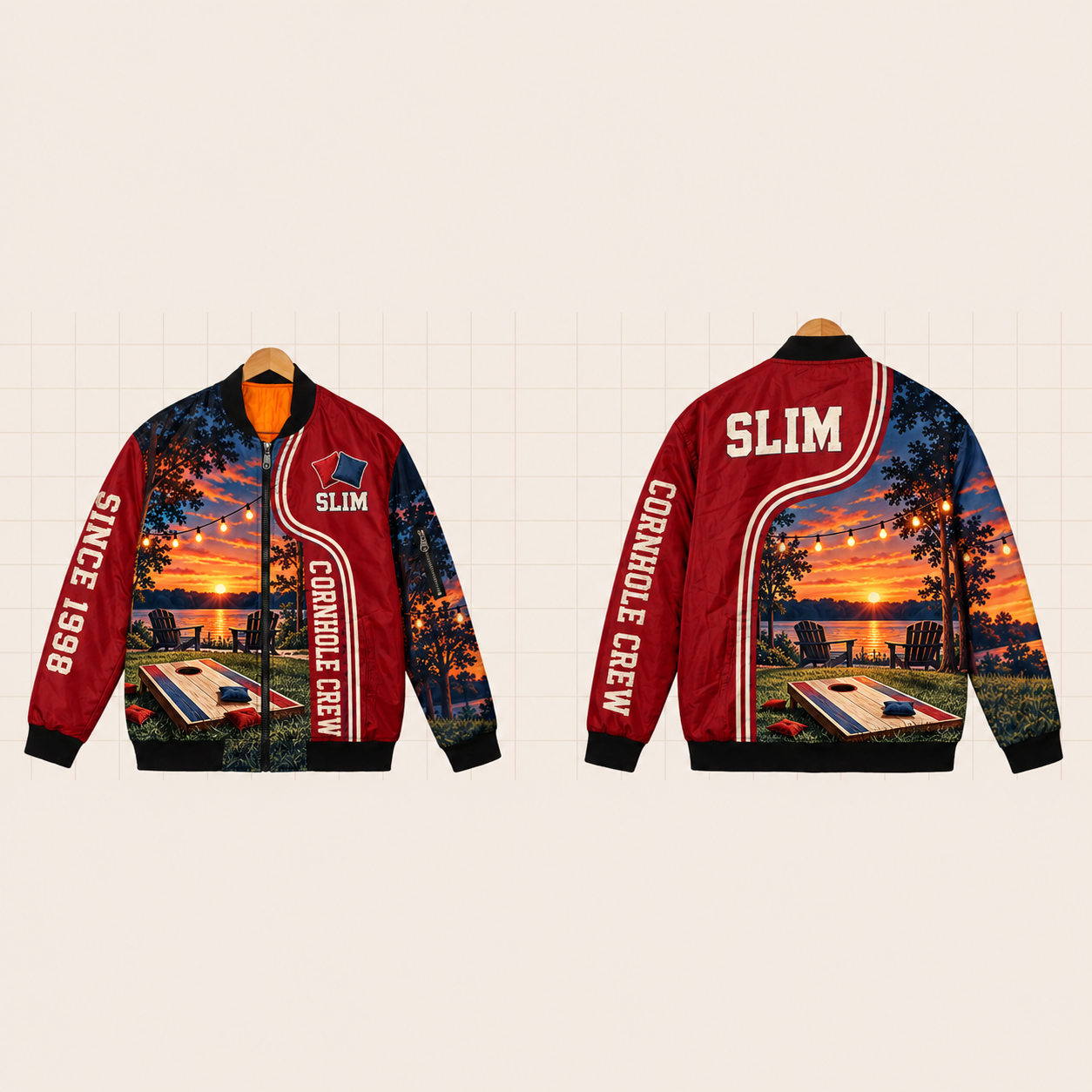 All-Over Print Bomber Jacket personalized with "Cornhole Crew Cornhole" and bean bag artwork on the back