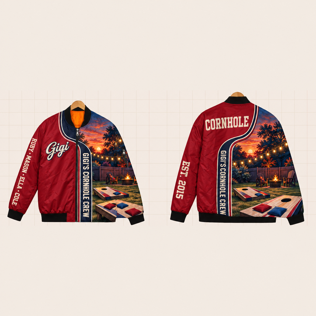 All-Over Print Bomber Jacket personalized with "Gigi's Cornhole Crew" and bean bag artwork on the back
