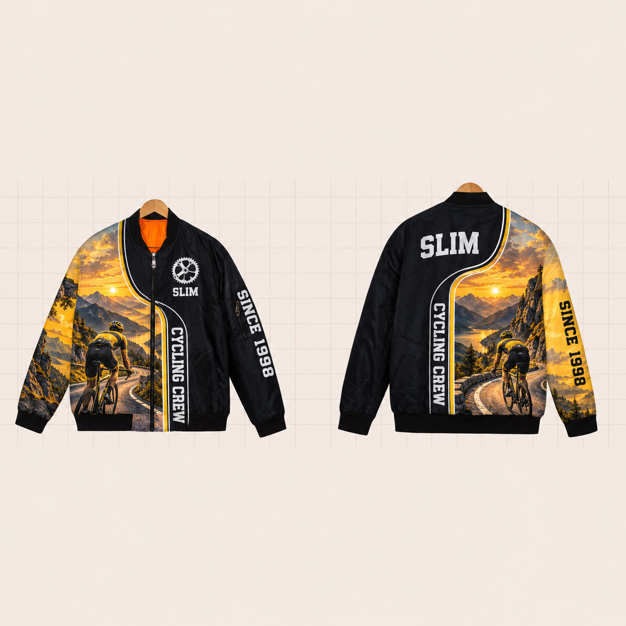 All-Over Print Bomber Jacket personalized with "Cycling Crew Cycling" and chainring artwork on the back