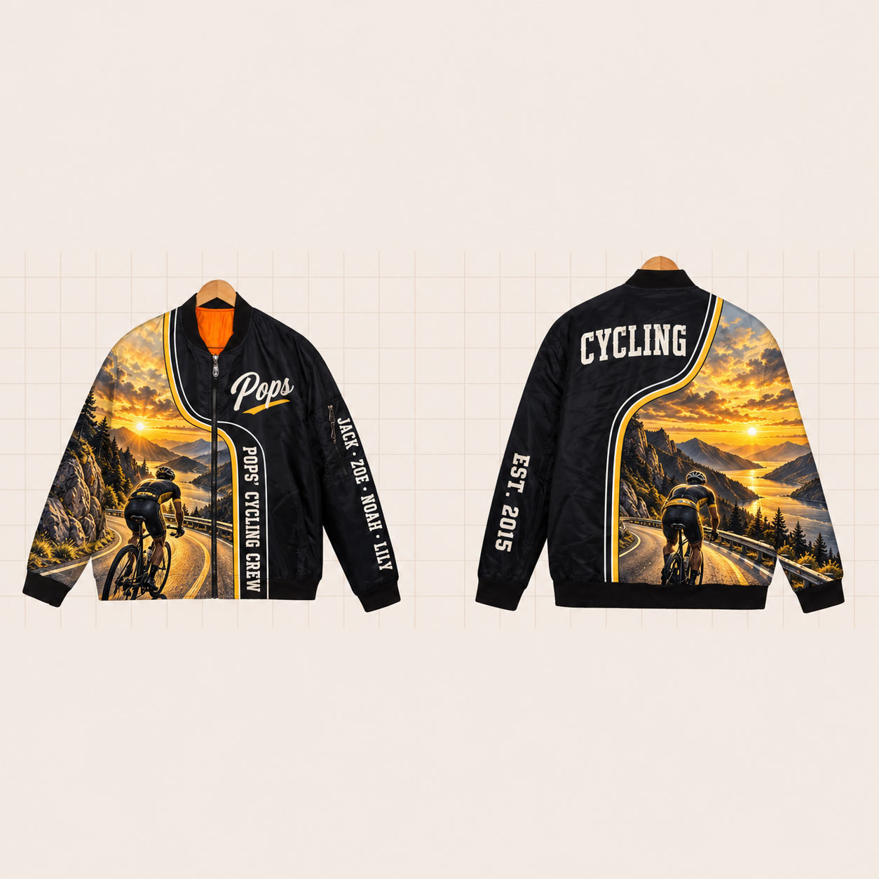 All-Over Print Bomber Jacket personalized with "Pops' Cycling Crew" and chainring artwork on the back
