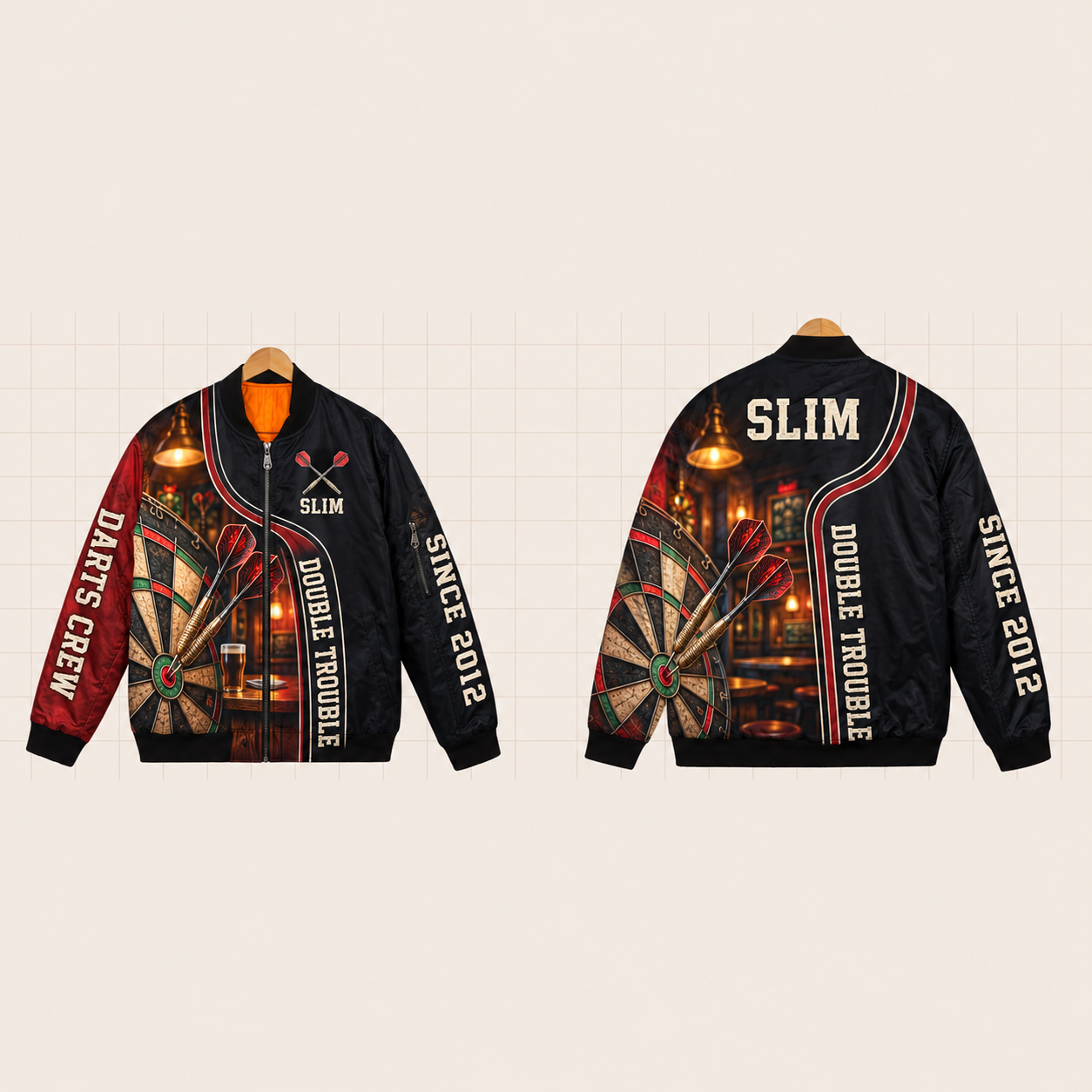 All-Over Print Bomber Jacket personalized with "Double Trouble Darts" and crossed darts artwork on the back
