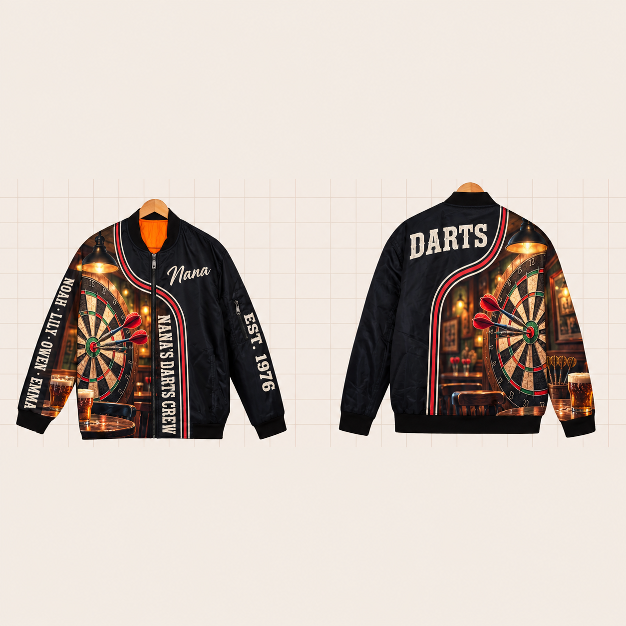 All-Over Print Bomber Jacket personalized with "Nana's Darts Crew" and crossed darts artwork on the back
