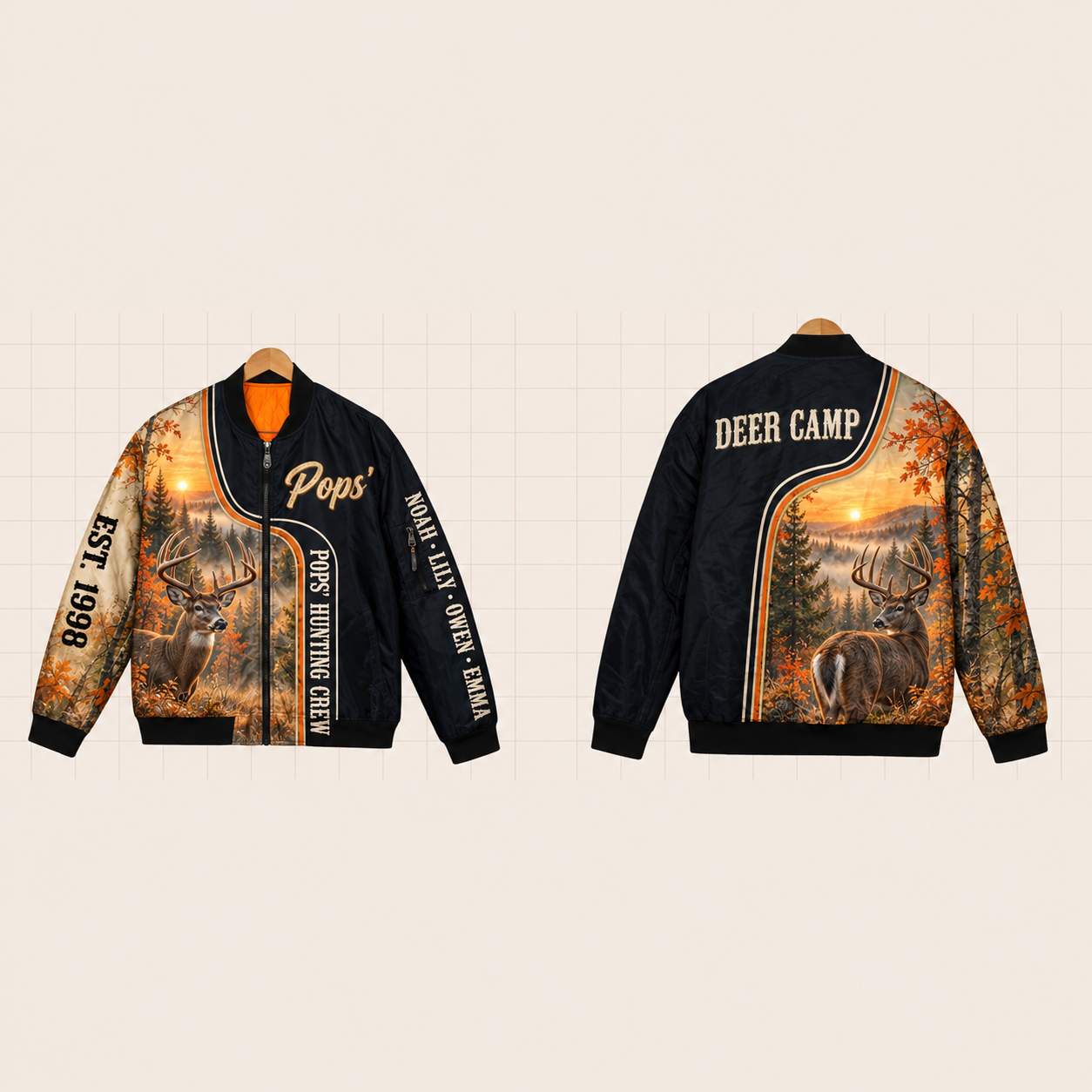All-Over Print Bomber Jacket personalized with "Pops' Hunting Crew" and antlers artwork on the back