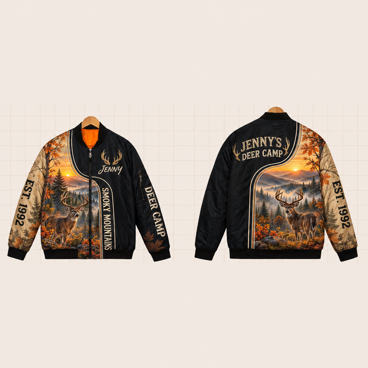 All-Over Print Bomber Jacket personalized with "Smoky Mountains Deer Camp" and antlers artwork on the back
