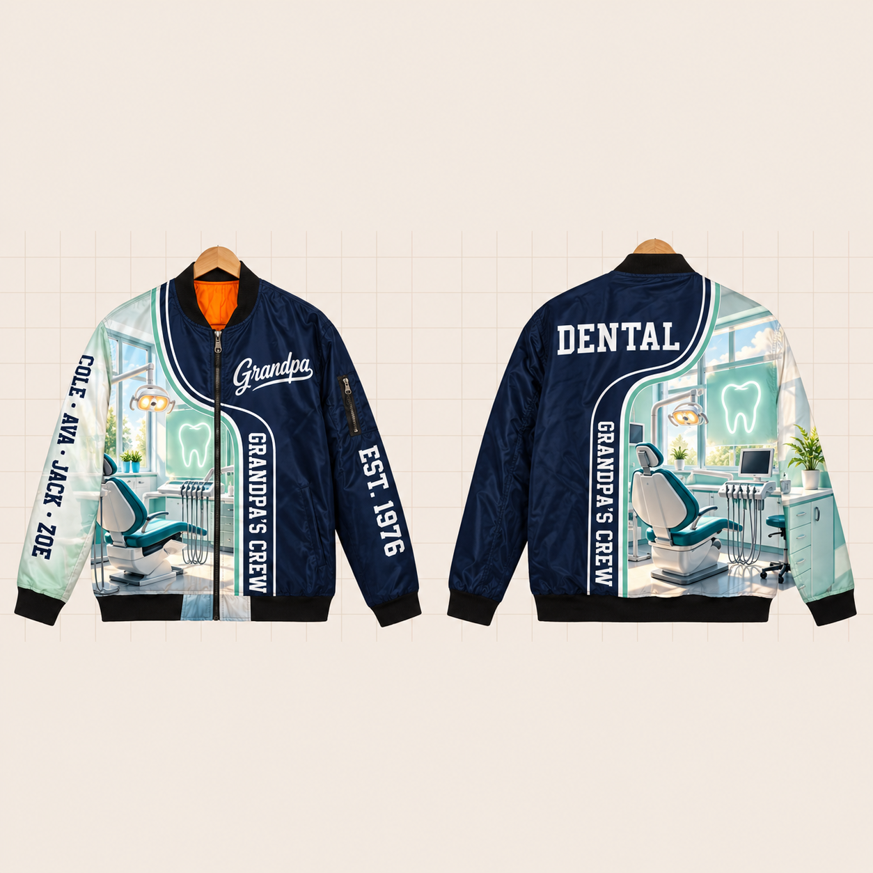 All-Over Print Bomber Jacket personalized with "Grandpa's Dental Crew" and toothbrush artwork on the back