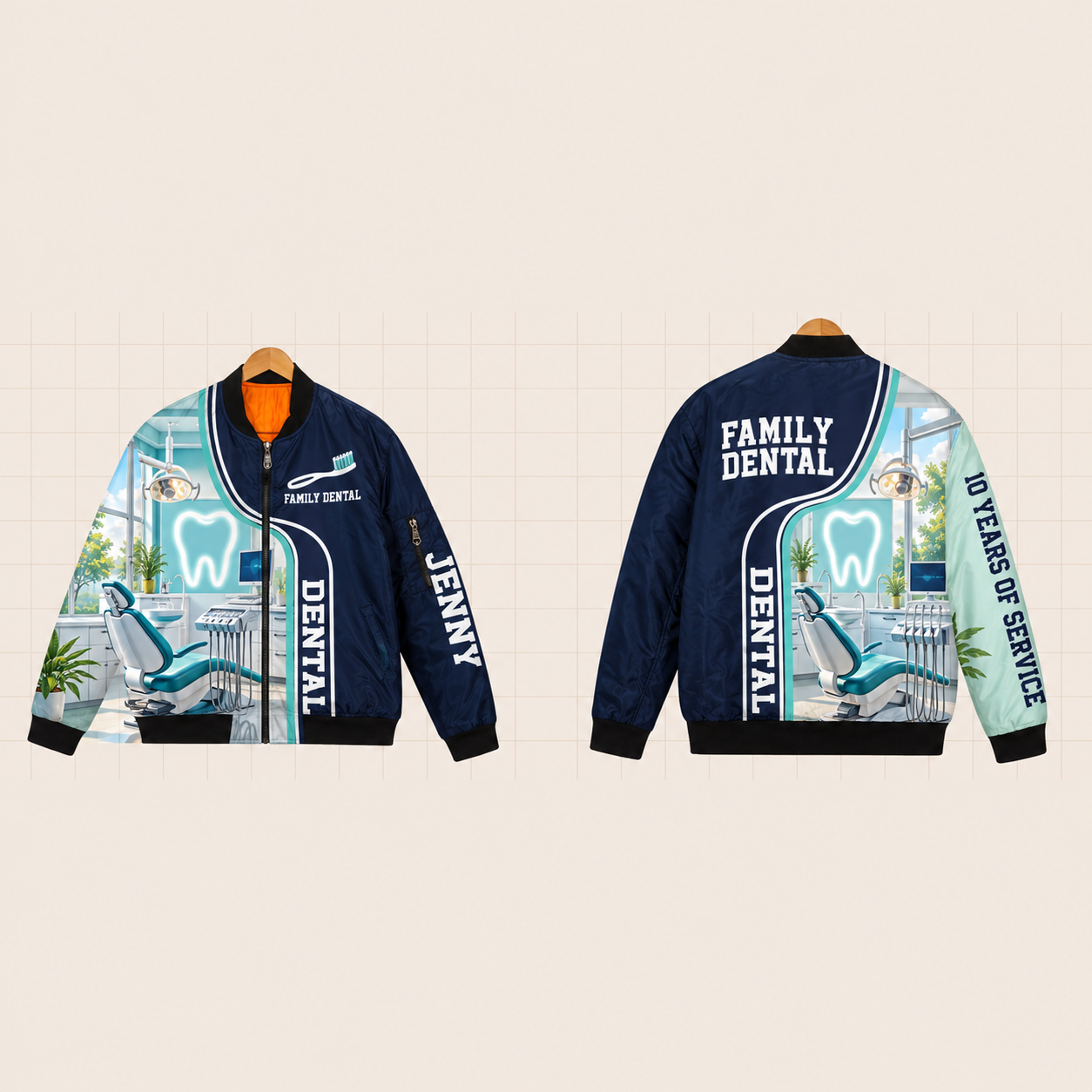 All-Over Print Bomber Jacket personalized with "Dental Family Dental 10 Years" and toothbrush artwork on the back