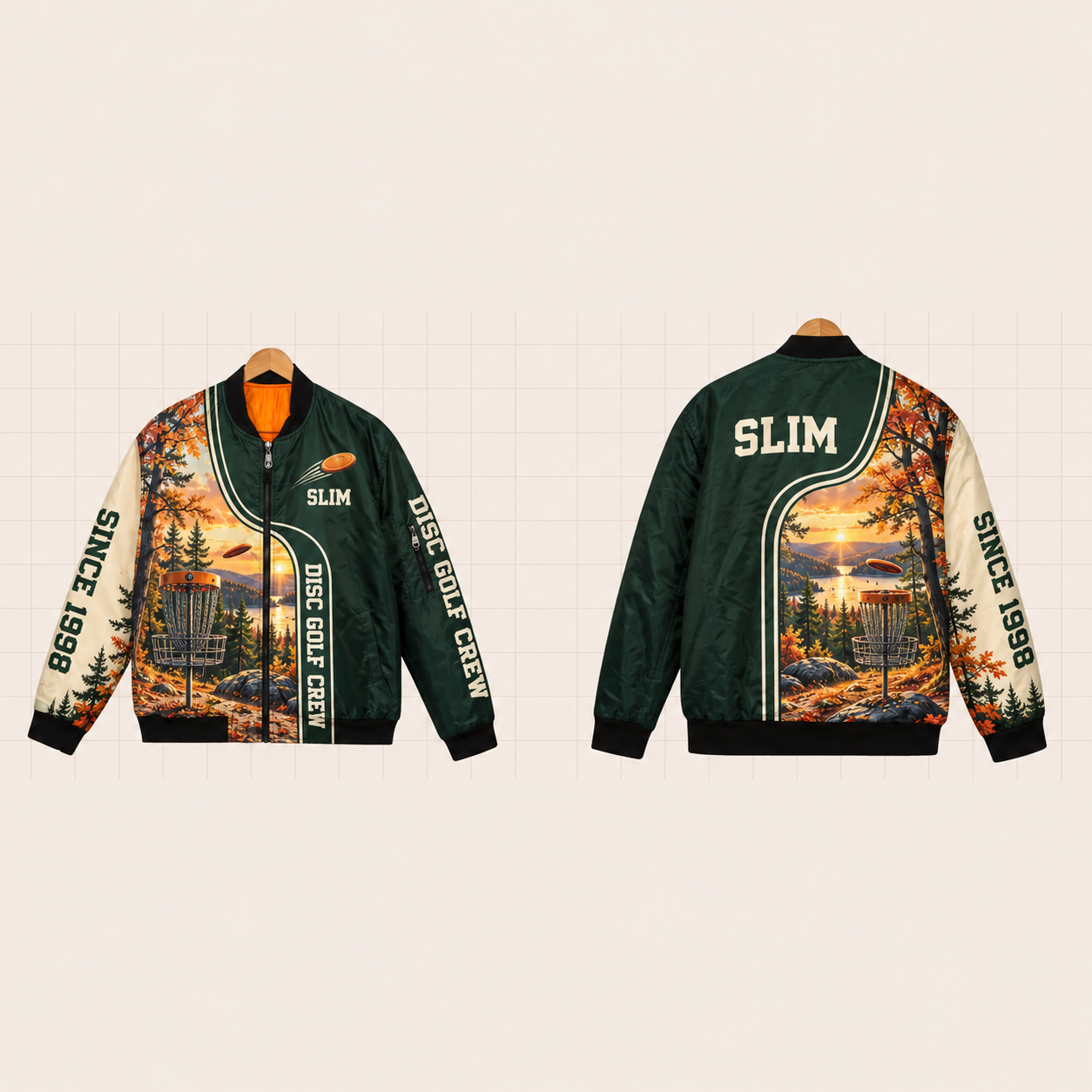 All-Over Print Bomber Jacket personalized with "Disc Golf Crew Disc Golf" and flying disc artwork on the back