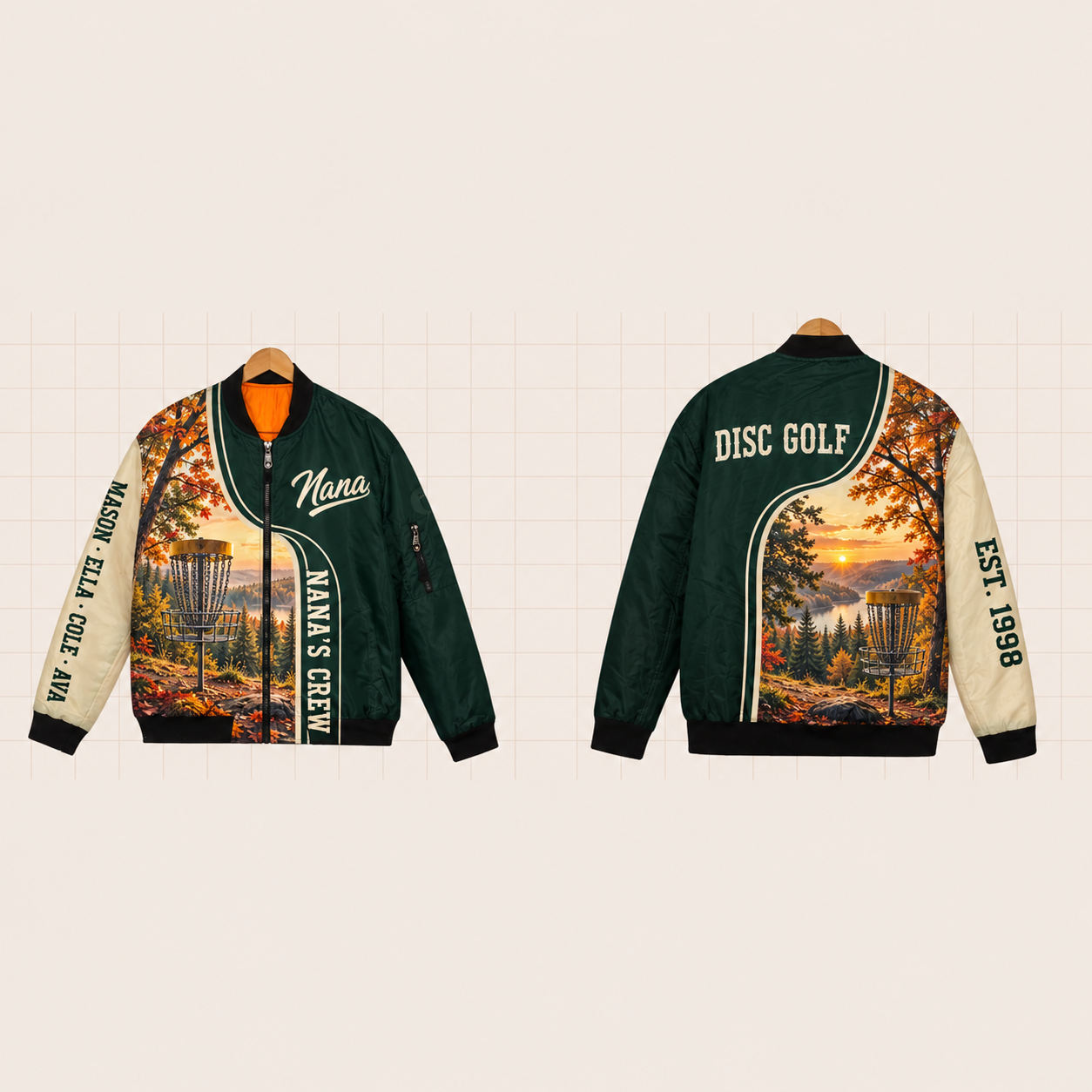 All-Over Print Bomber Jacket personalized with "Nana's Disc Golf Crew" and flying disc artwork on the back