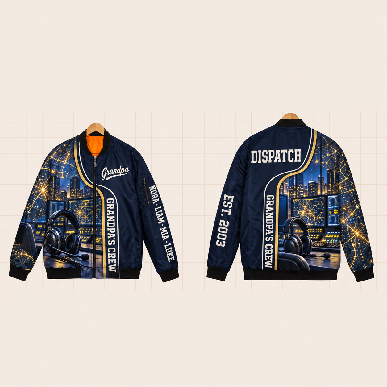 All-Over Print Bomber Jacket personalized with "Grandpa's Dispatch Crew" and radio artwork on the back