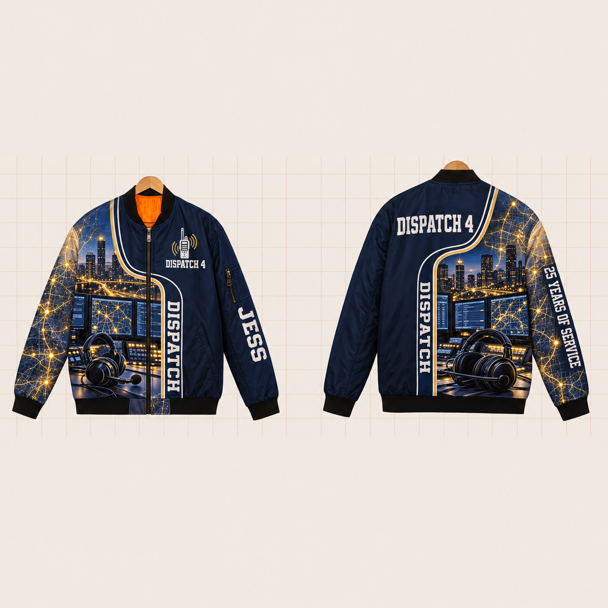 All-Over Print Bomber Jacket personalized with "Dispatch Dispatch 4 25 Years" and radio artwork on the back