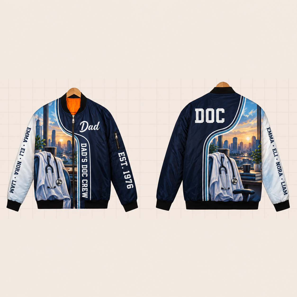 All-Over Print Bomber Jacket personalized with "Dad's Doc Crew" and pill capsule artwork on the back