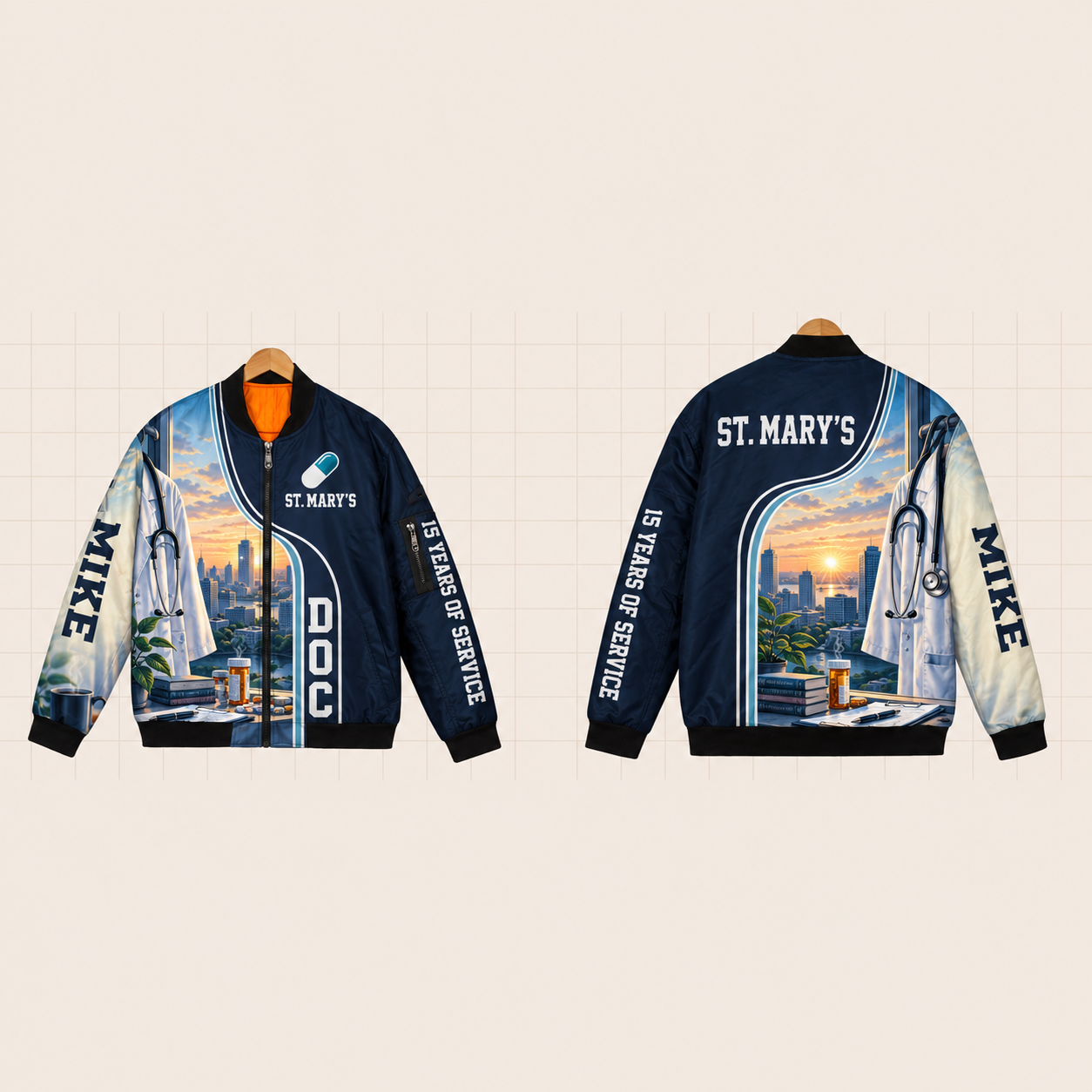All-Over Print Bomber Jacket personalized with "Doc St. Mary's 15 Years" and pill capsule artwork on the back
