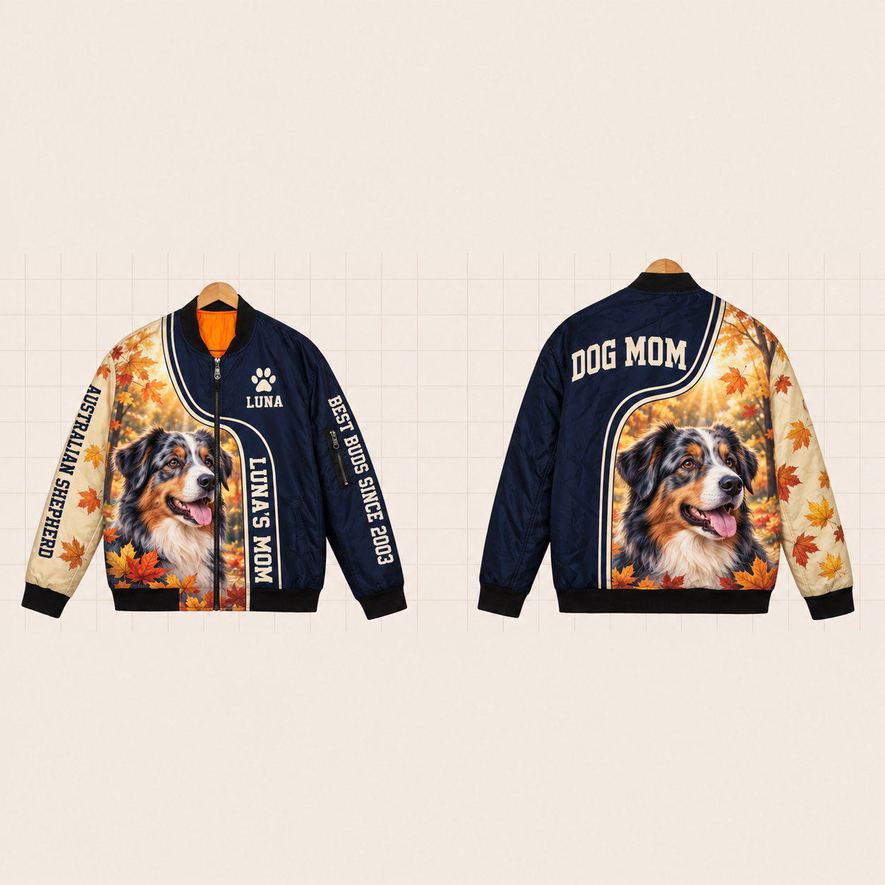 All-Over Print Bomber Jacket personalized with "Australian Shepherd Mom" and dog bone artwork on the back