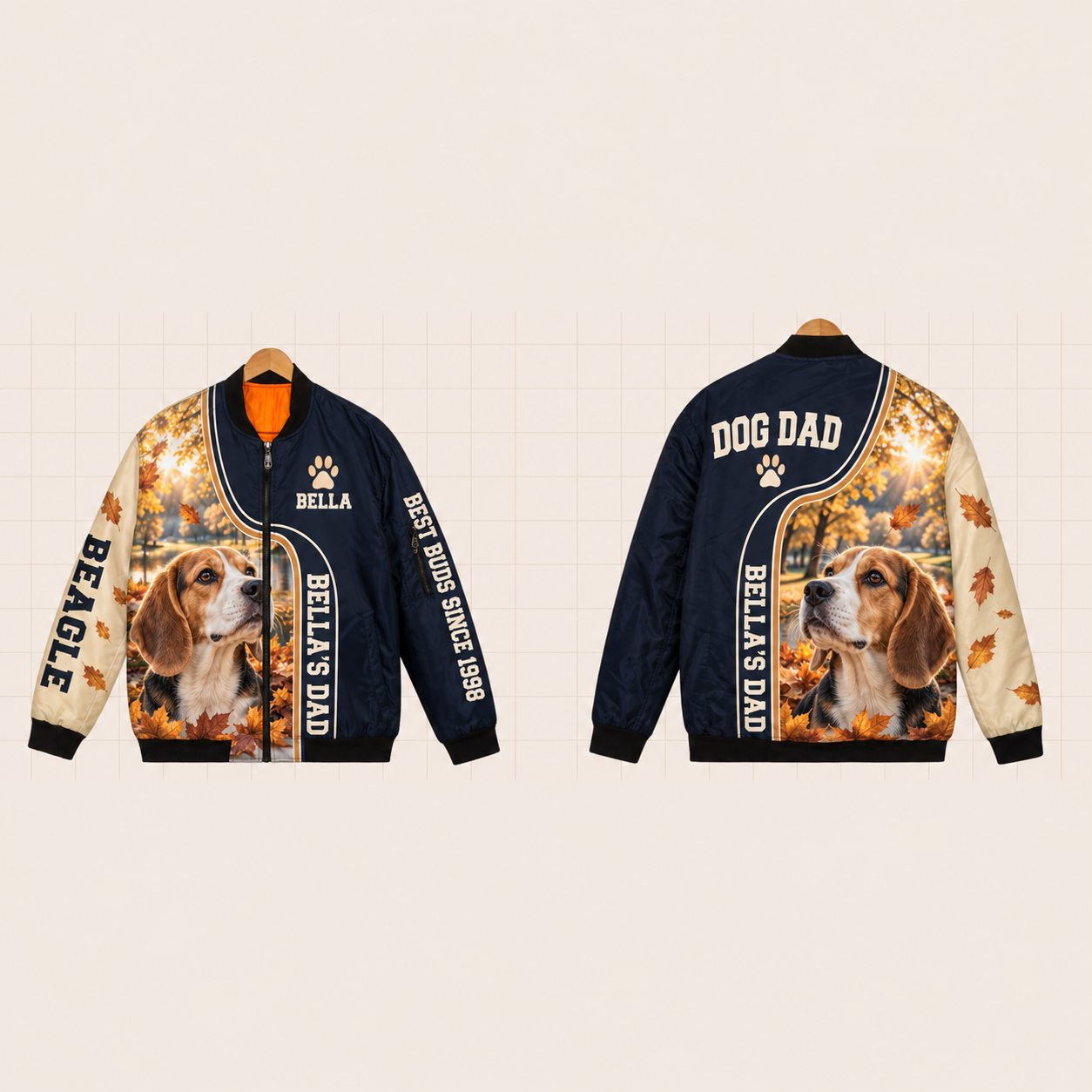 All-Over Print Bomber Jacket personalized with "Beagle Dad" and dog bone artwork on the back