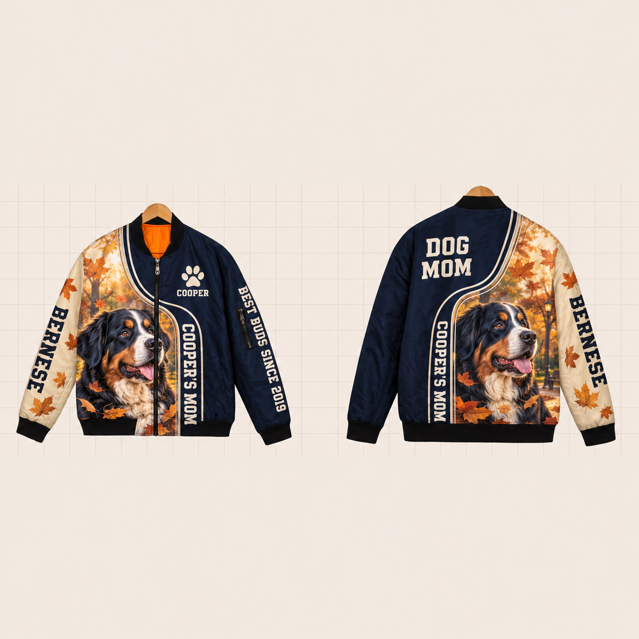 All-Over Print Bomber Jacket personalized with "Bernese Mom" and dog bone artwork on the back