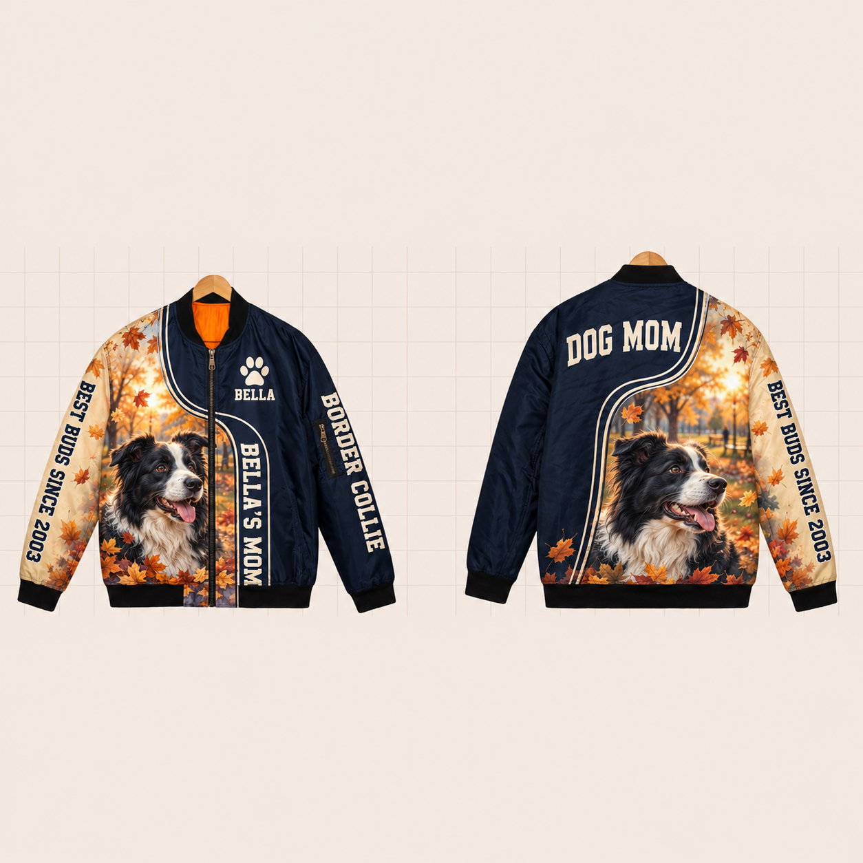 All-Over Print Bomber Jacket personalized with "Border Collie Mom" and dog bone artwork on the back