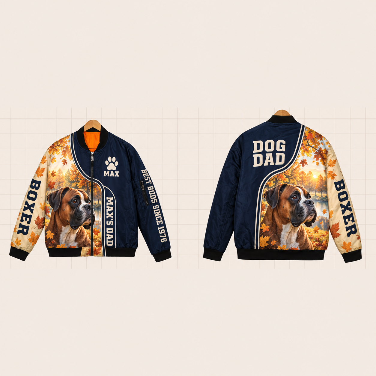 All-Over Print Bomber Jacket personalized with "Boxer Dad" and dog bone artwork on the back