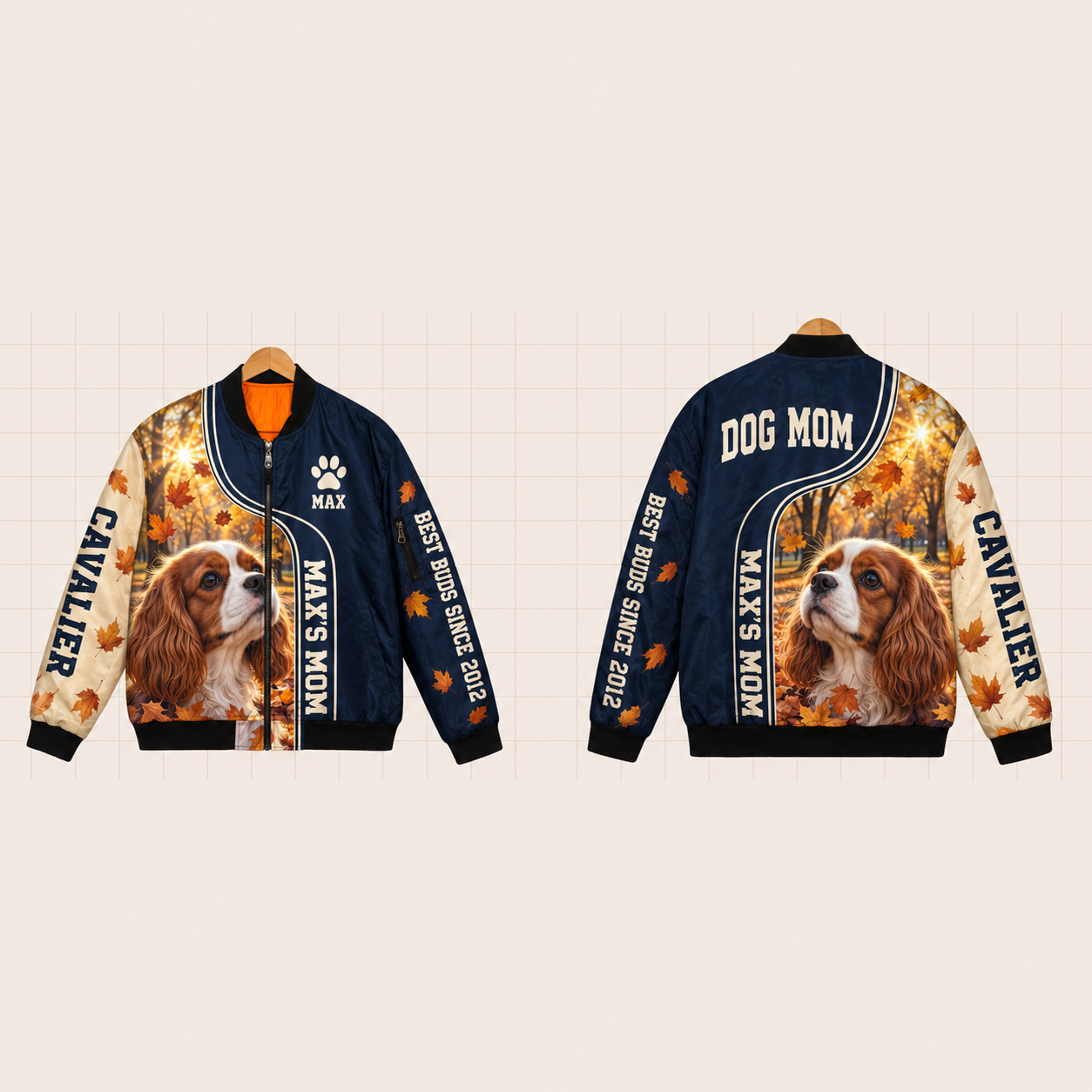 All-Over Print Bomber Jacket personalized with "Cavalier Mom" and dog bone artwork on the back