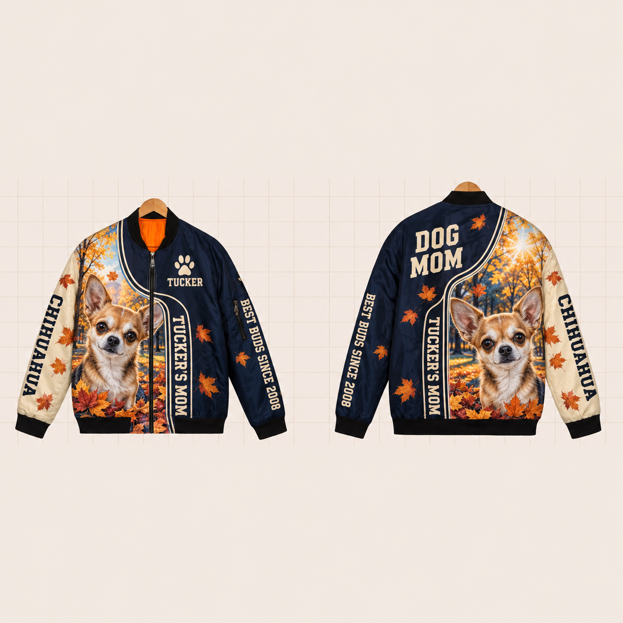 All-Over Print Bomber Jacket personalized with "Chihuahua Mom" and dog bone artwork on the back