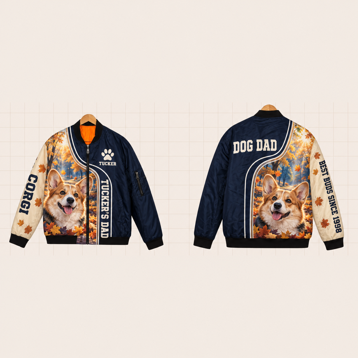 All-Over Print Bomber Jacket personalized with "Corgi Dad" and dog bone artwork on the back