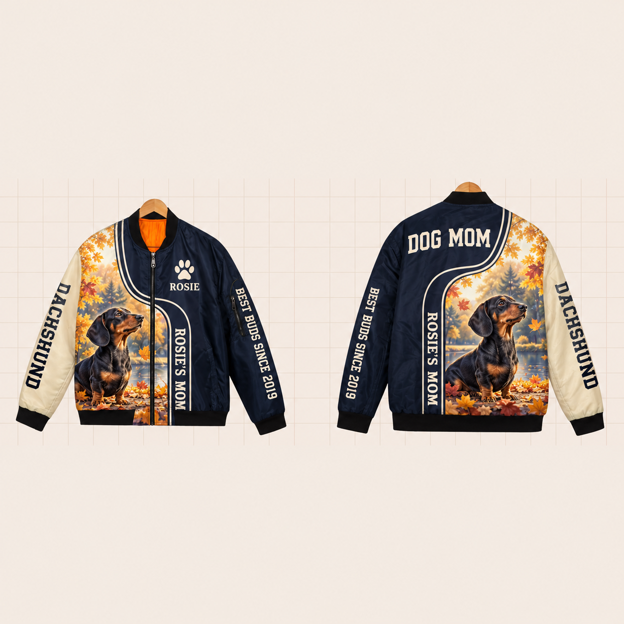 All-Over Print Bomber Jacket personalized with "Dachshund Mom" and dog bone artwork on the back