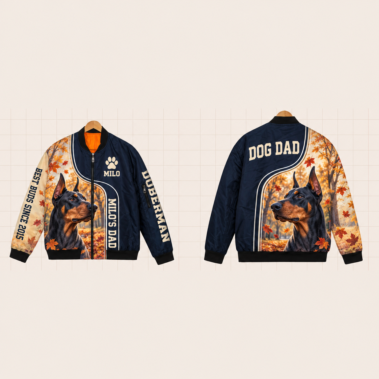 All-Over Print Bomber Jacket personalized with "Doberman Dad" and dog bone artwork on the back