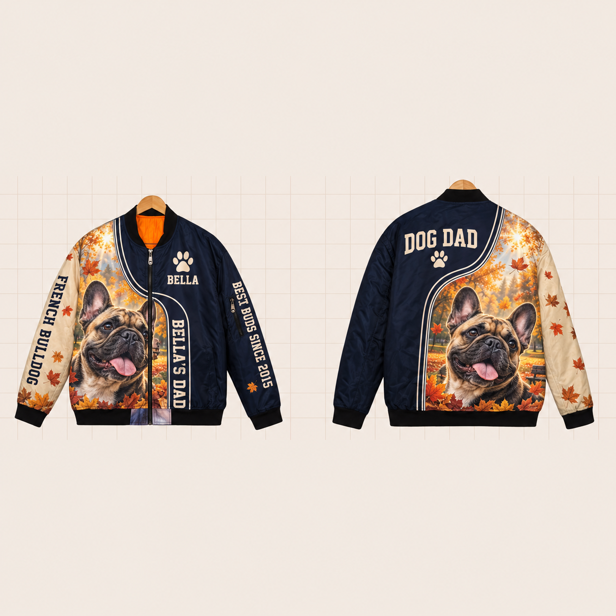 All-Over Print Bomber Jacket personalized with "French Bulldog Dad" and dog bone artwork on the back