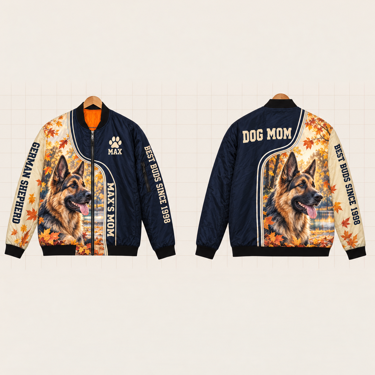 All-Over Print Bomber Jacket personalized with "German Shepherd Mom" and dog bone artwork on the back