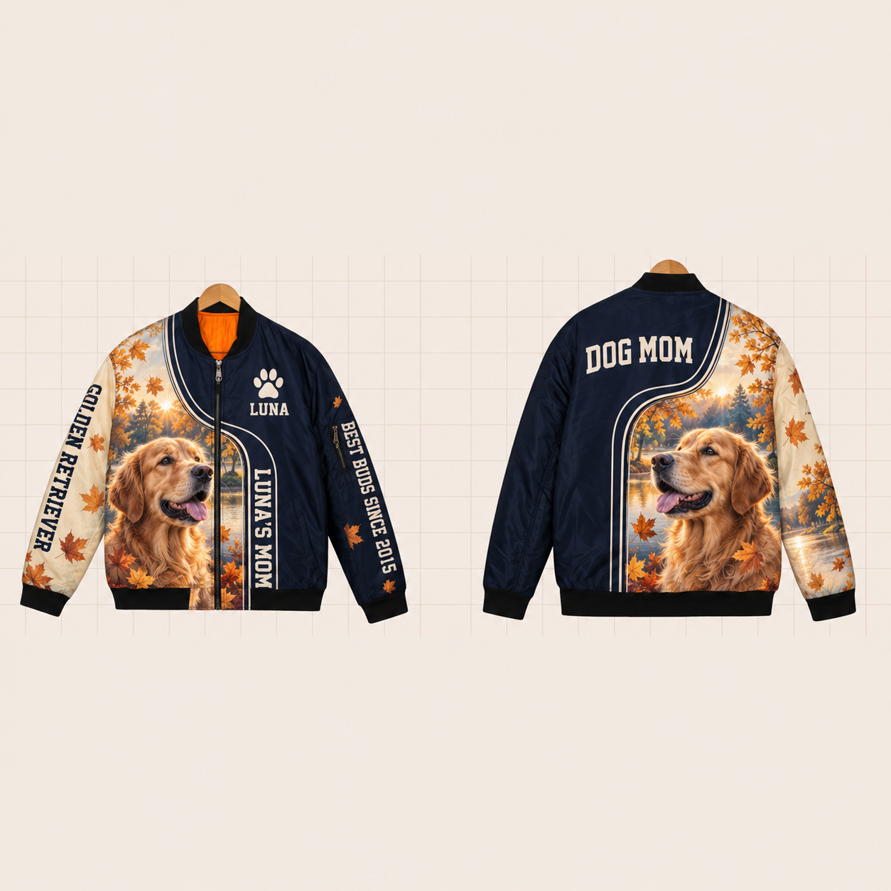 All-Over Print Bomber Jacket personalized with "Golden Retriever Mom" and dog bone artwork on the back