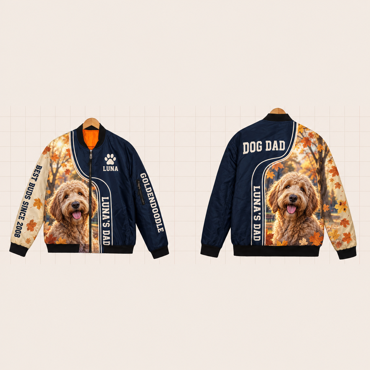 All-Over Print Bomber Jacket personalized with "Goldendoodle Dad" and dog bone artwork on the back