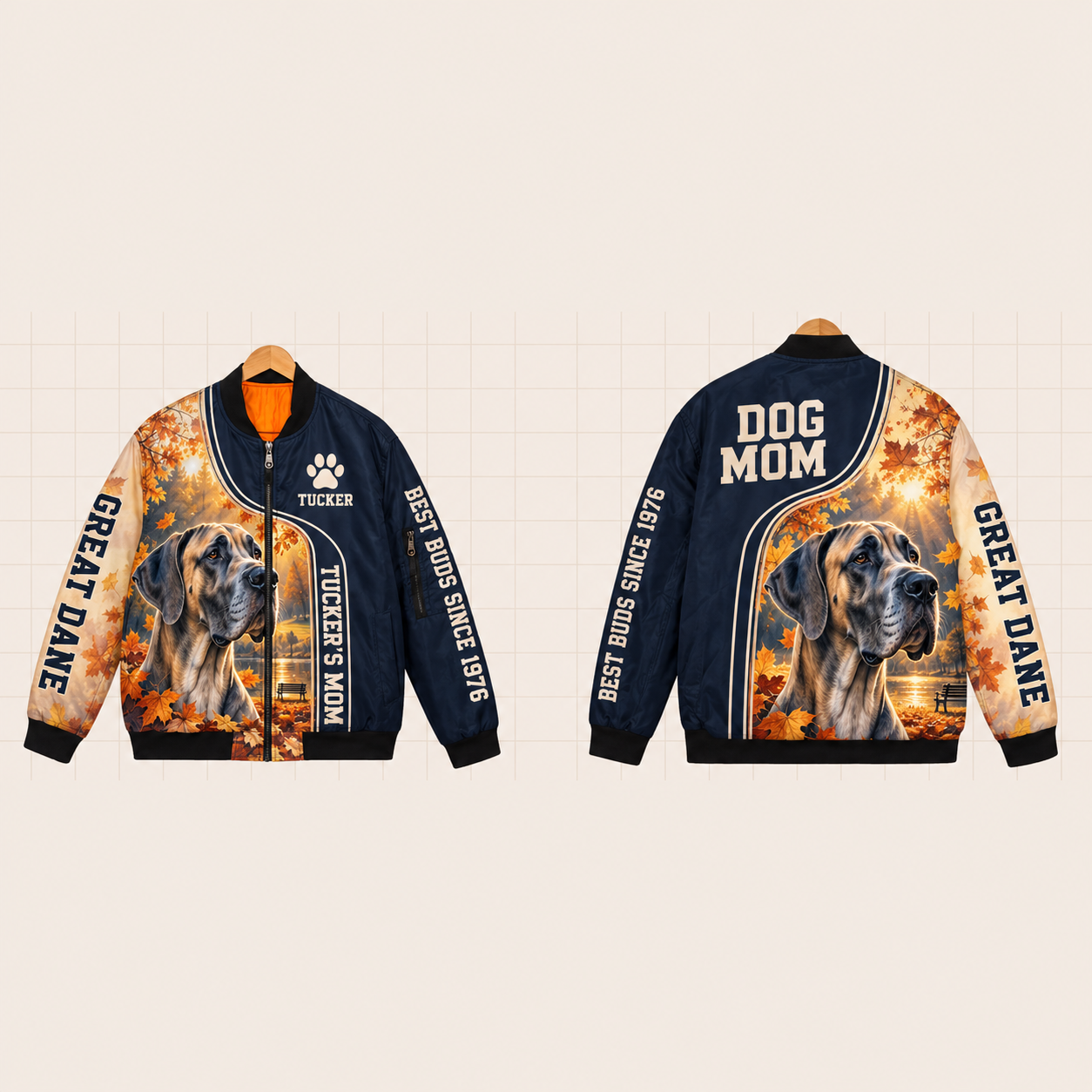 All-Over Print Bomber Jacket personalized with "Great Dane Mom" and dog bone artwork on the back