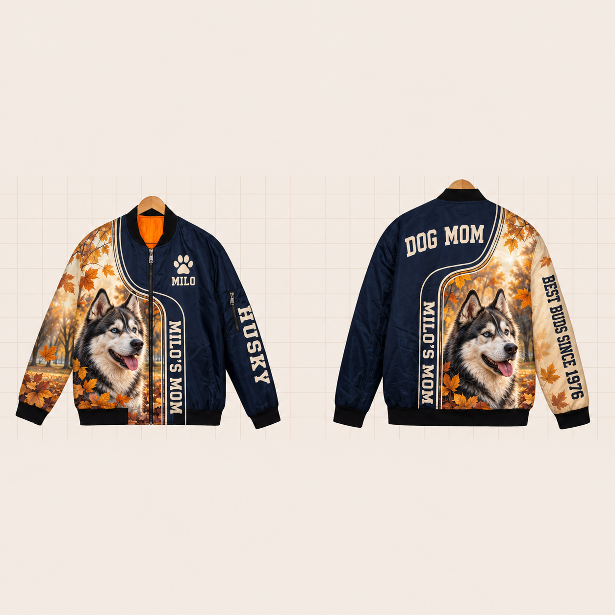 All-Over Print Bomber Jacket personalized with "Husky Mom" and dog bone artwork on the back