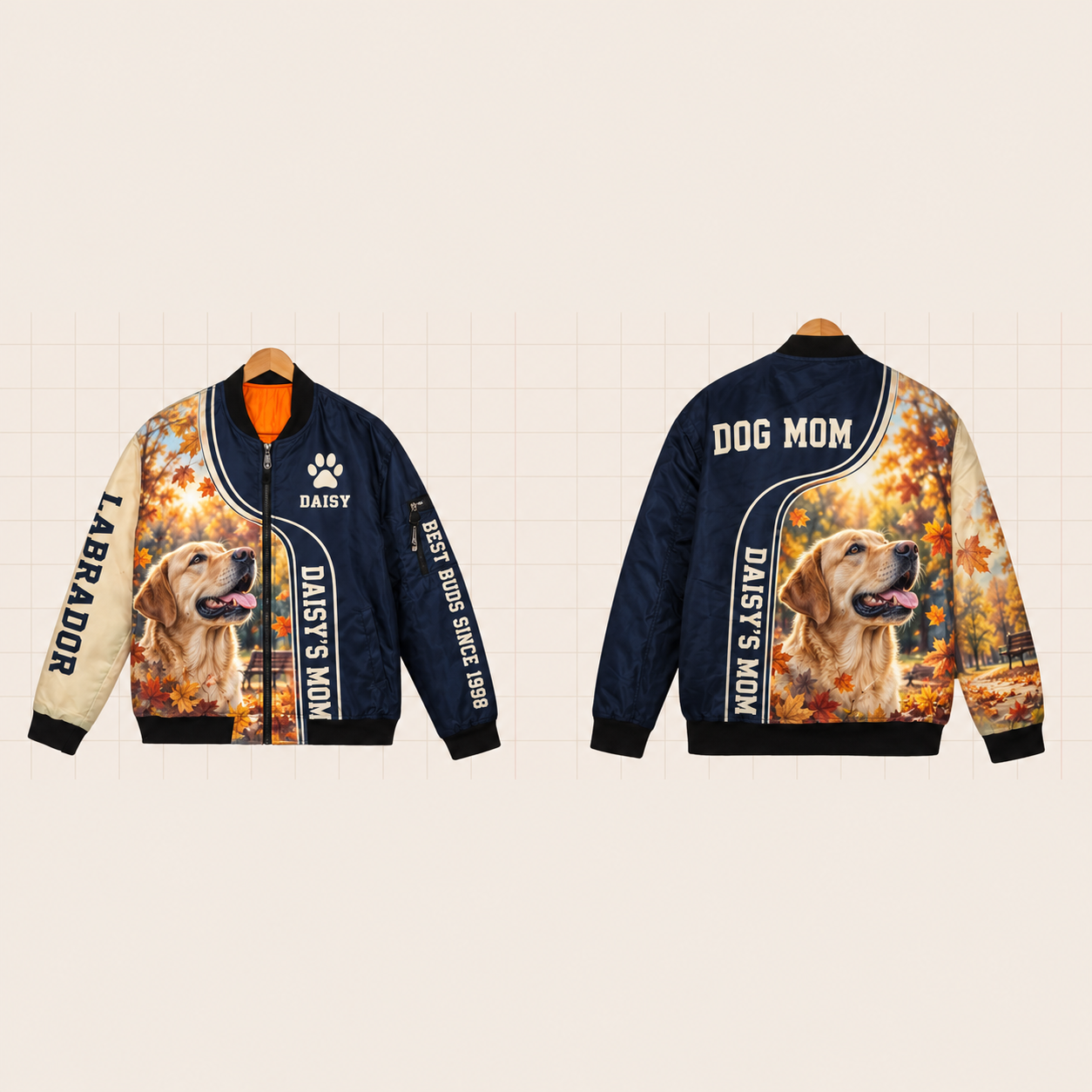 All-Over Print Bomber Jacket personalized with "Labrador Mom" and dog bone artwork on the back